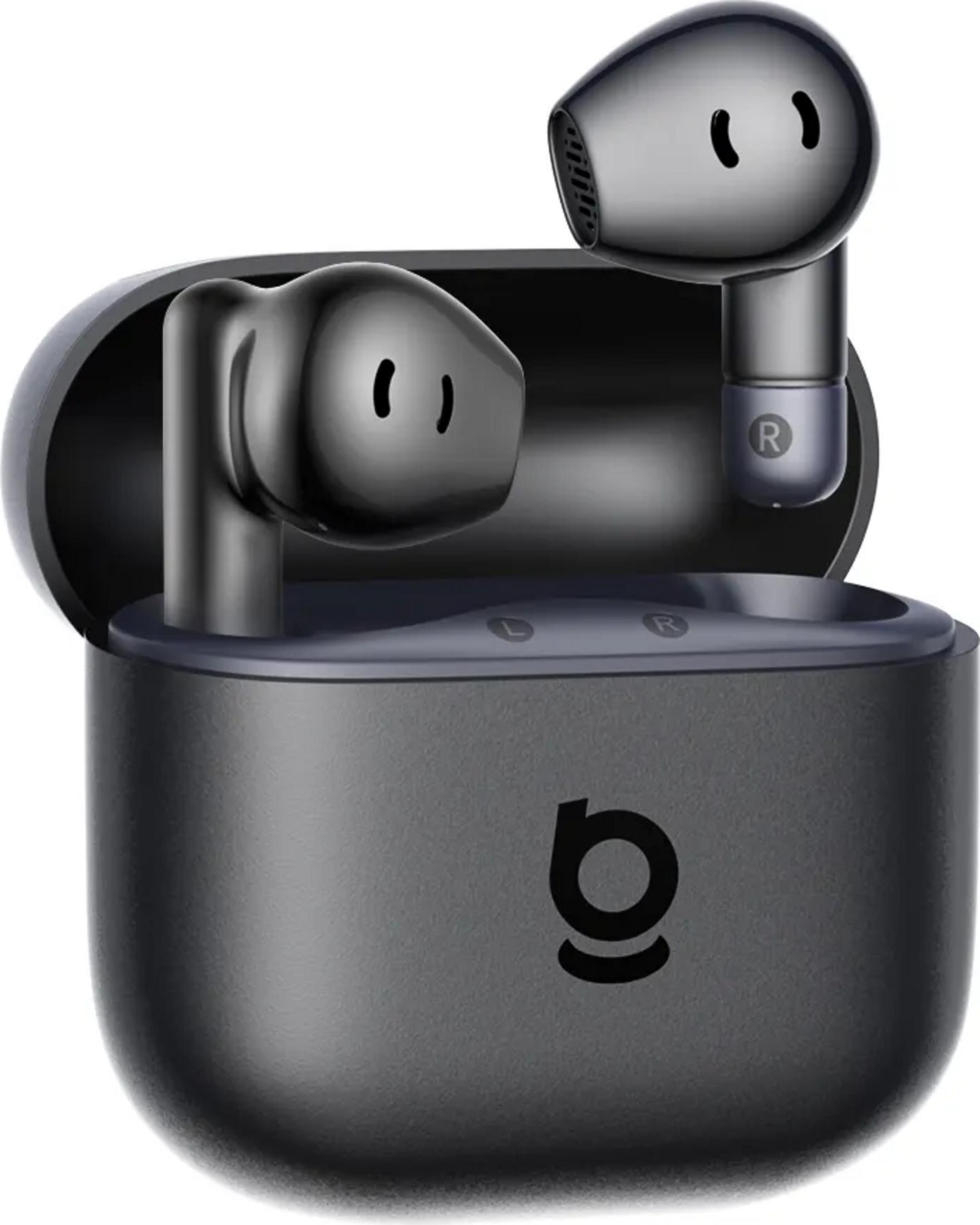 Auricolari wireless grigi con custodia di ricarica e logo.