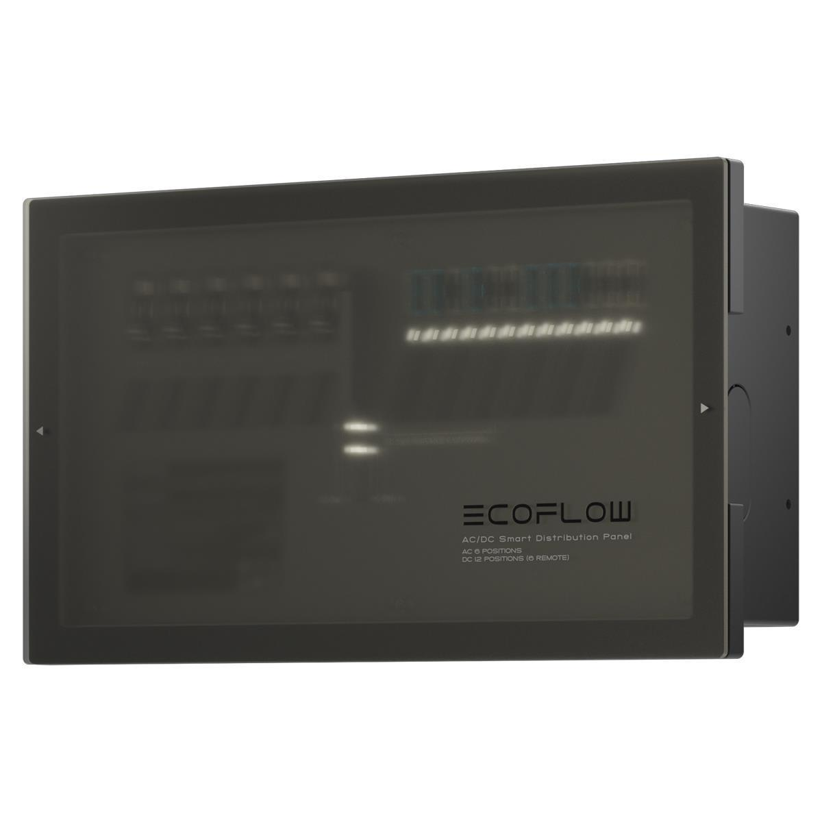 Ein schwarzes ECOFLOW AC/DC Smart Distribution Panel mit sichtbaren Schaltern und Anschlüssen.