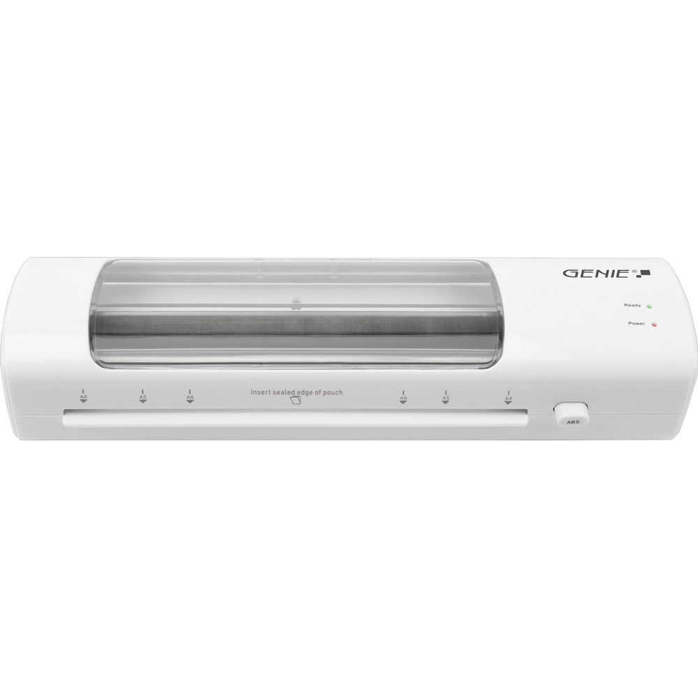 Ein weißer Laminator mit der Aufschrift „GENIE“. „Ready“ und „Power“ sind beleuchtet.