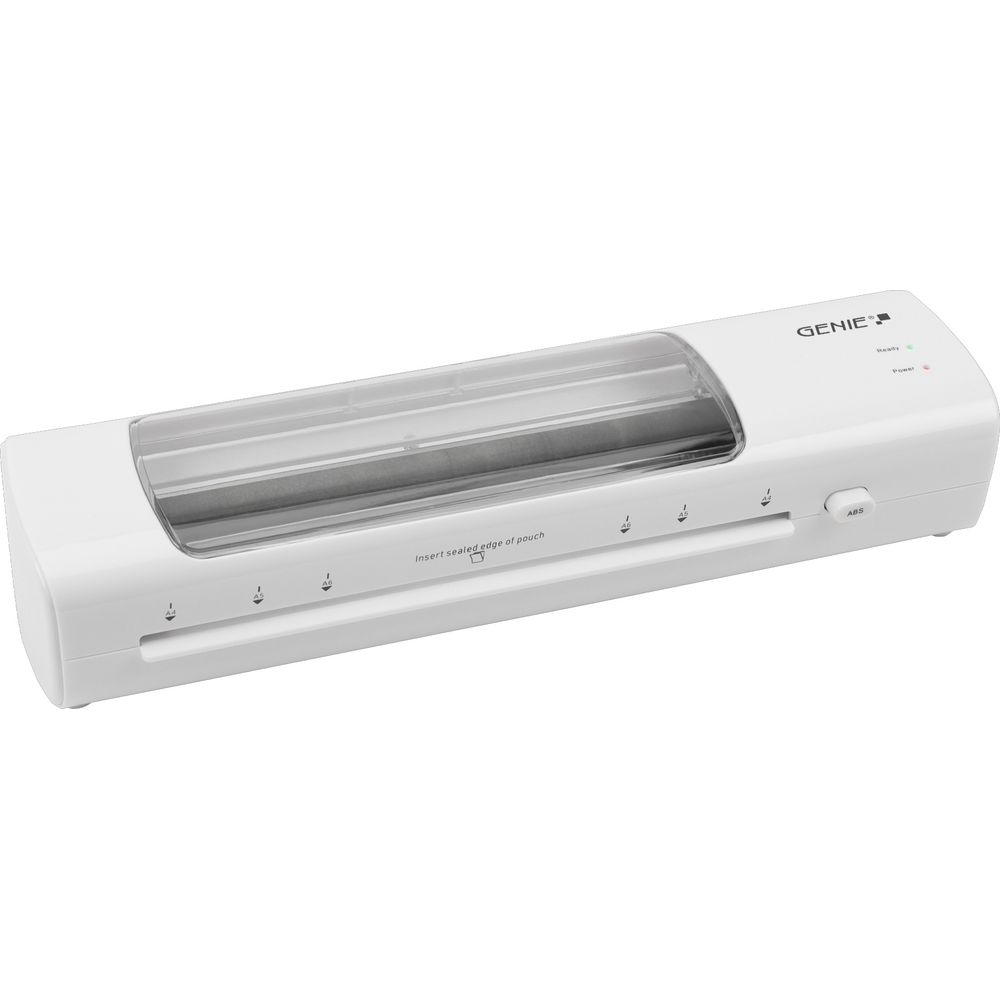 Ein weißer Aktenlaminator mit transparentem Deckel und Bedienelementen.
