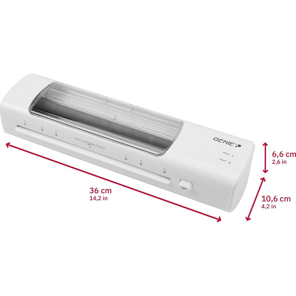 Ein weißer Laminator mit Abmessungen von 36x10,6x6,6 cm.