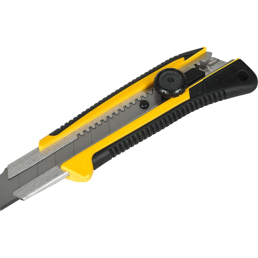 Ein gelber und schwarzer Cutter mit gezackter Klinge und einem Rad zum Ausfahren.