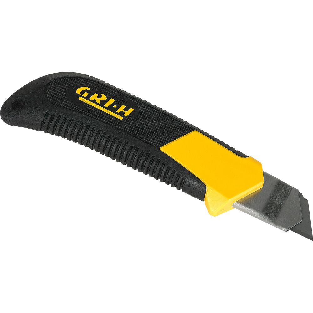 Schwarzes Messer mit gelbem Griff und silberner Klinge.