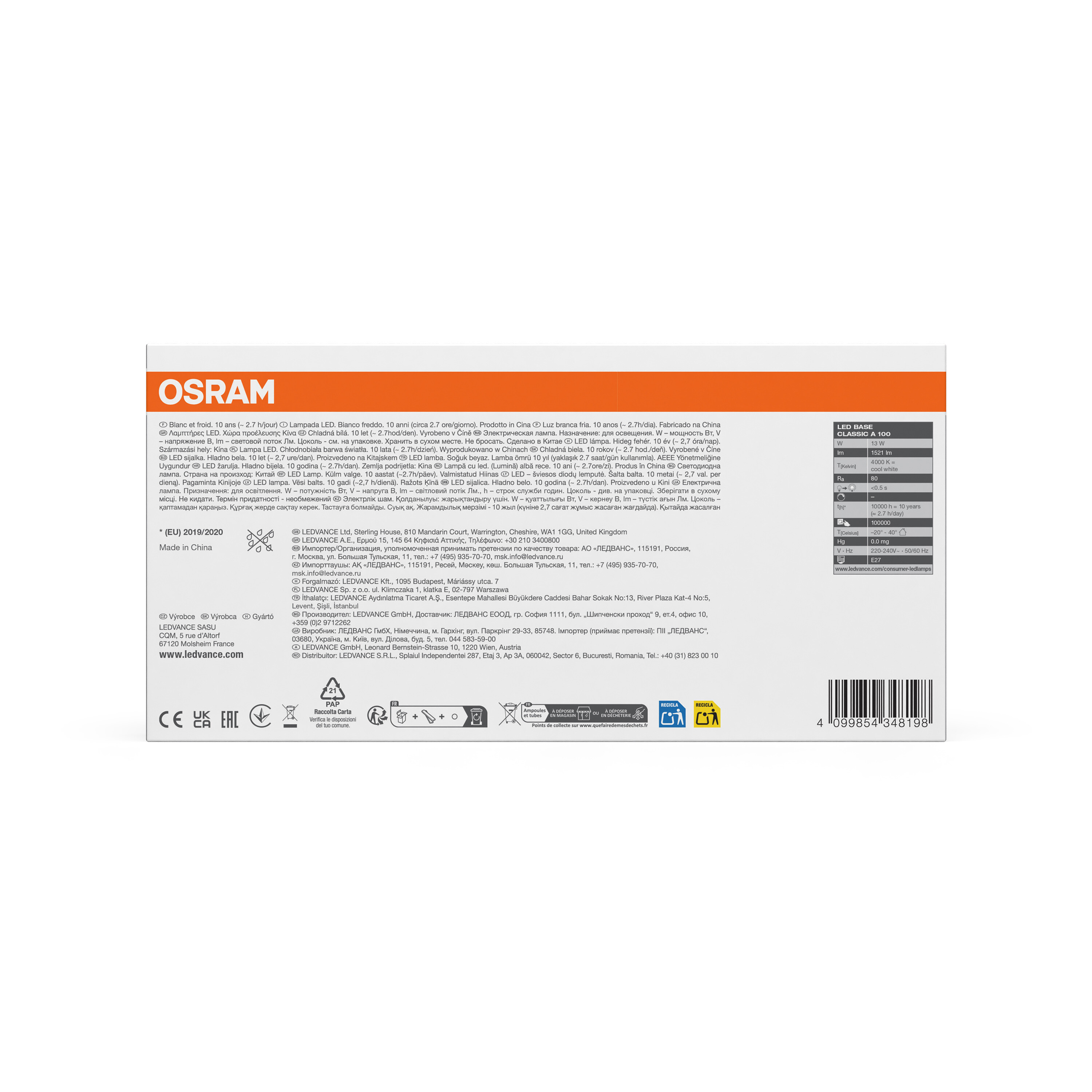 OSRAM LED-Lampe Classic A100, 13W, 1521lm, 4000K, E27 Sockel, made in China.