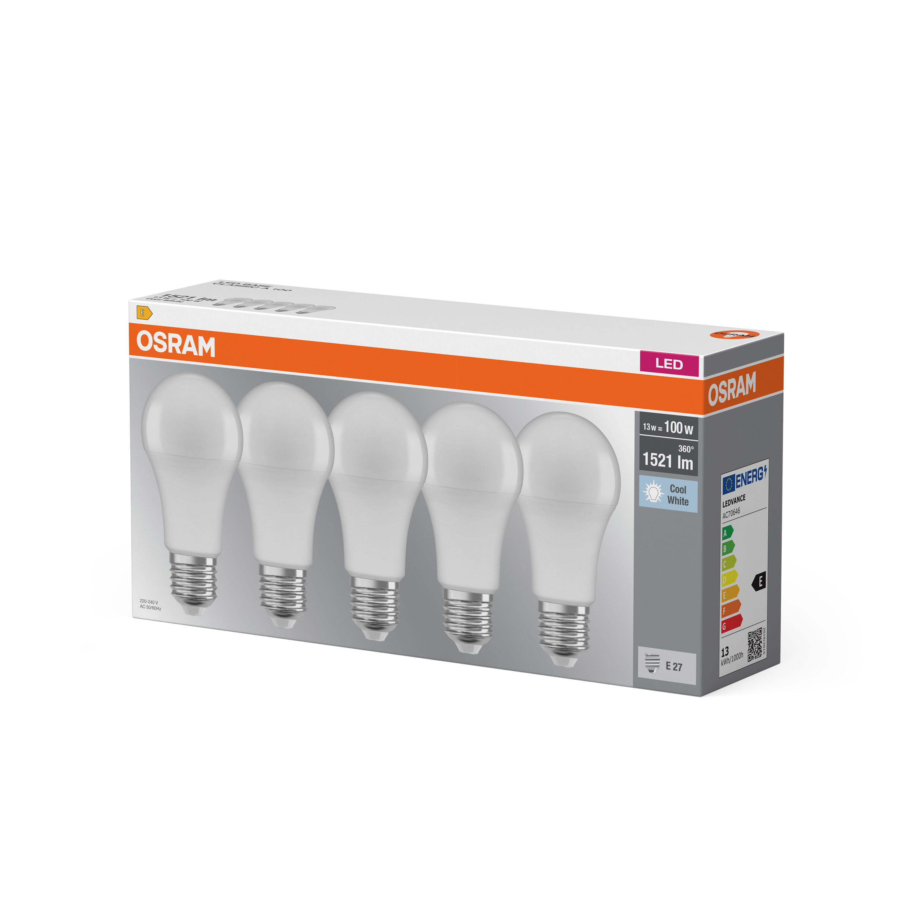 Packung mit fünf Osram LED-Lampen, 13W, 1521 lm, Cool White, E27 Sockel.