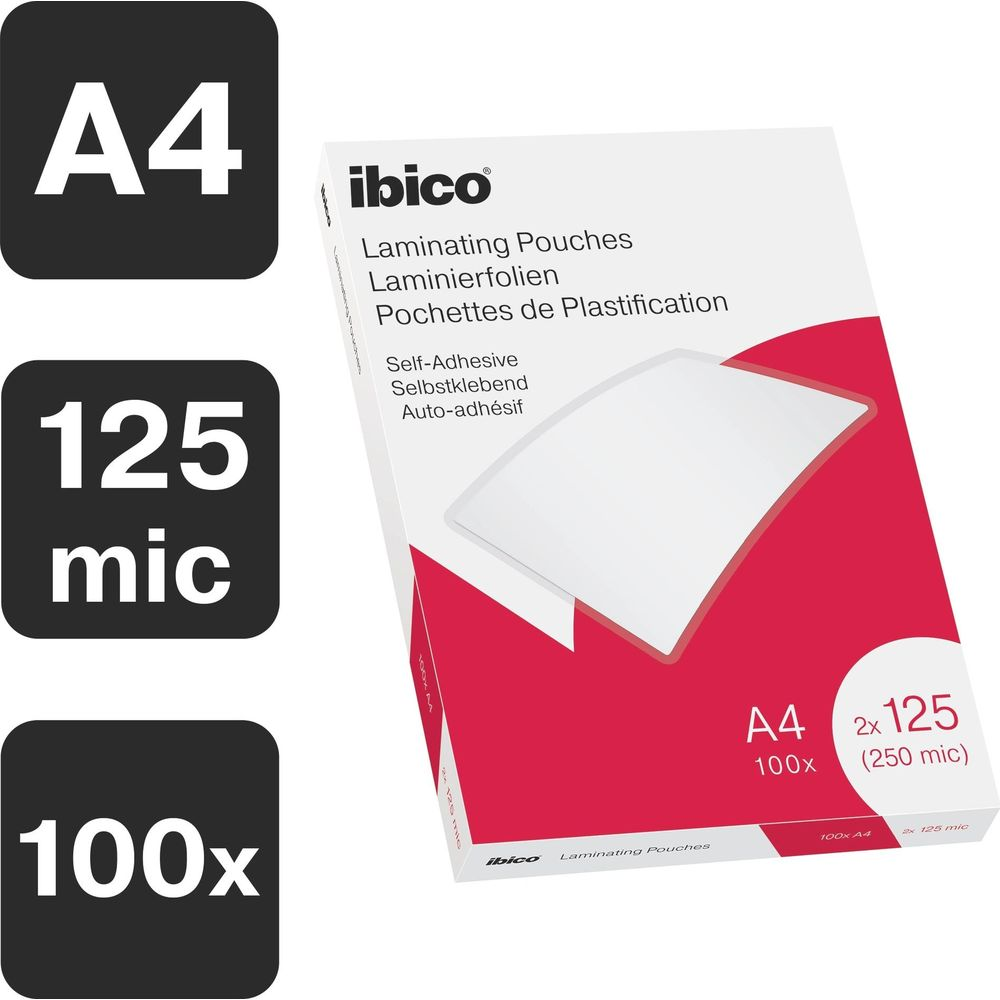 Packung mit 100 A4-Laminierfolien, 125 Mikrometer dick, selbstklebend.