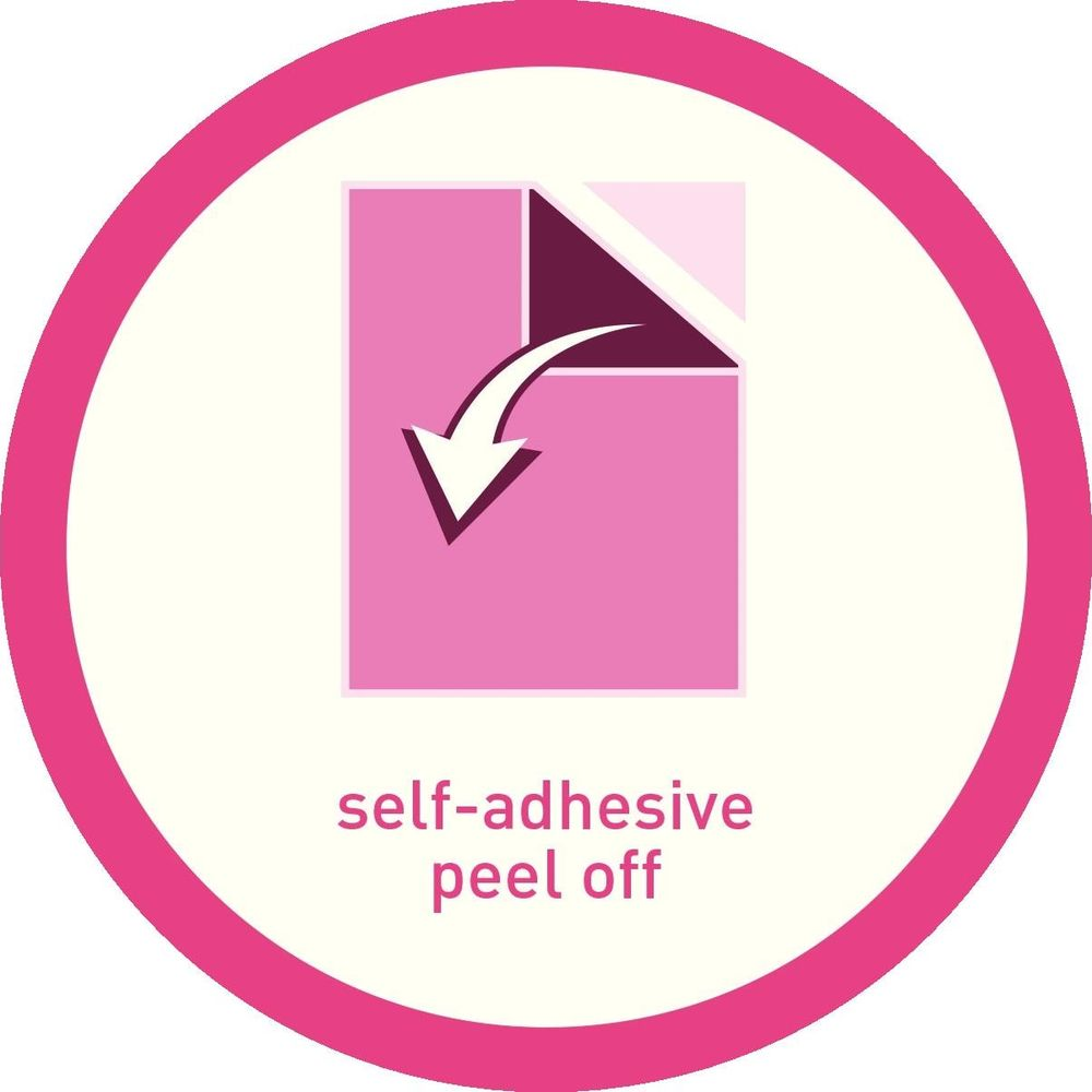 Symbol zeigt ein rosa Quadrat mit einer sich abziehenden Ecke, die ein dunkelviolettes Dreieck freilegt. Ein weißer Pfeil zeigt nach unten. Text: 'selbstklebend abziehen'.