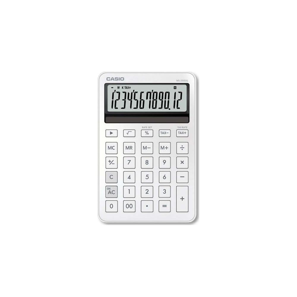 Une calculatrice Casio blanche avec un grand écran affichant 1234567890.12.