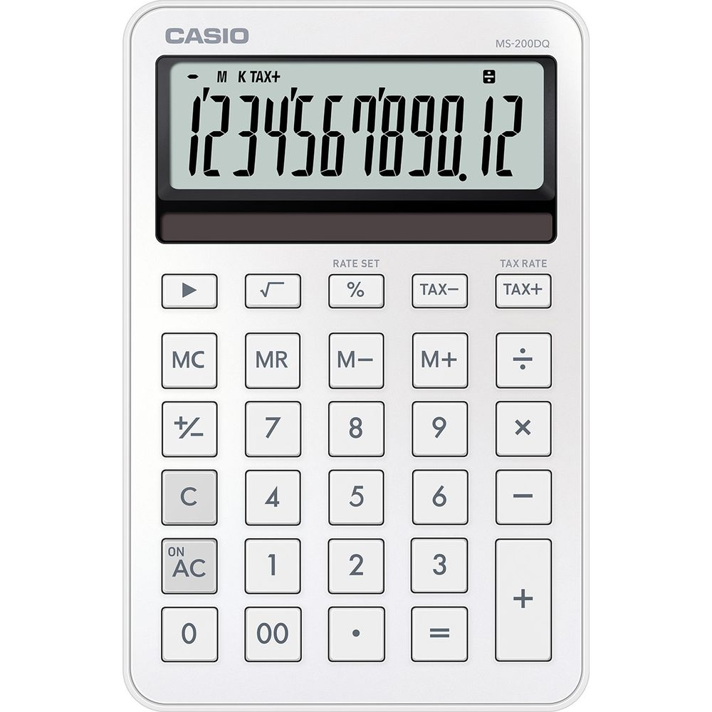 Une calculatrice Casio MS-200DQ blanche avec de gros boutons et un écran LCD.