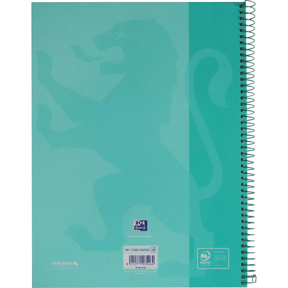 Türkisfarbenes Spiralnotizbuch mit schwacher Löwensilhouette und Oxford-Logo.