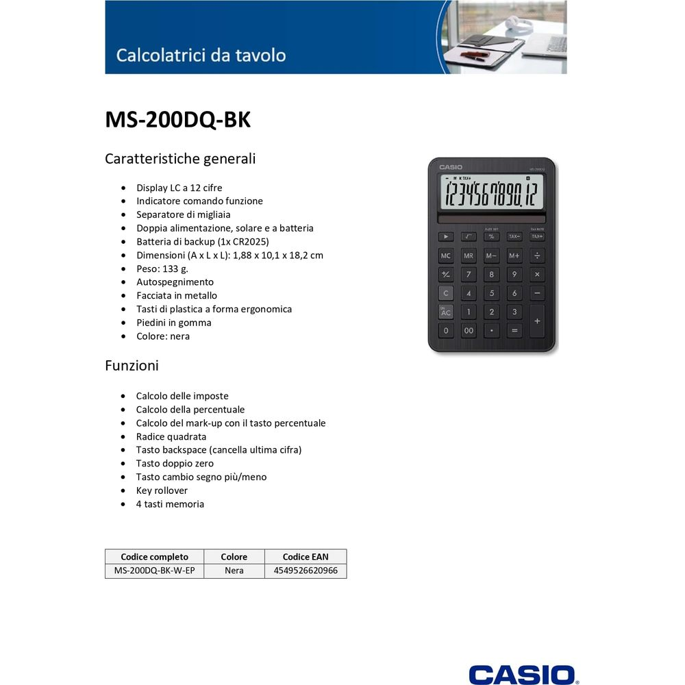 Calculatrice de bureau noire avec écran et boutons. Liste des caractéristiques et fonctions générales.