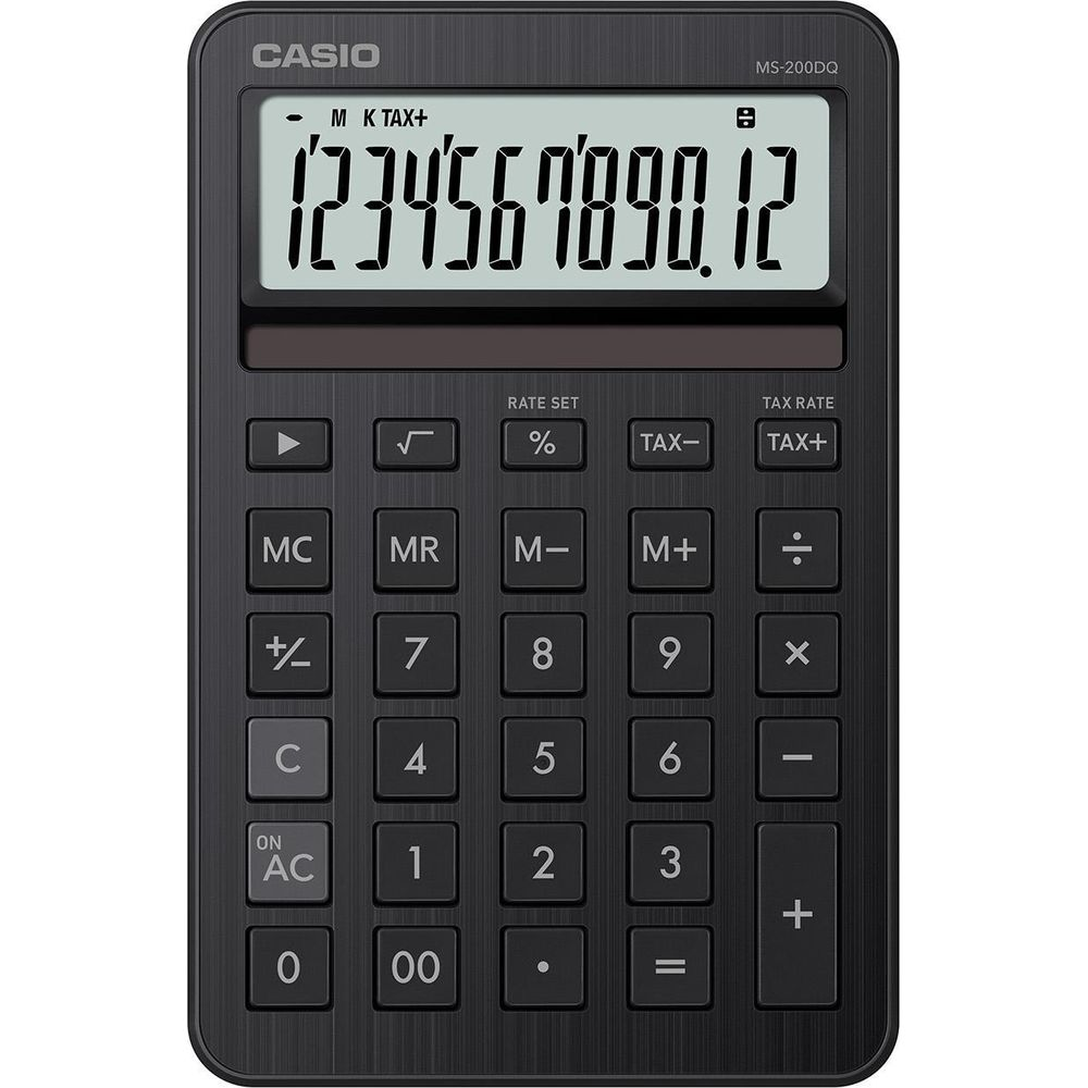 Une calculatrice Casio noire avec écran LCD affiche 1234567890.12.