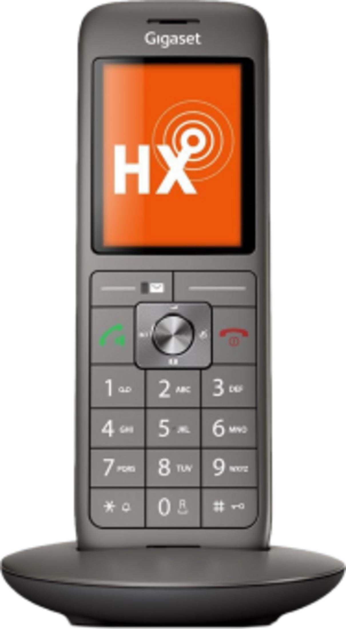 Ein graues Gigaset Schnurlostelefon mit orangefarbenem Display.