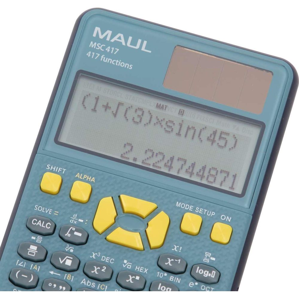 Une calculatrice MAUL MSC 417 bleu sarcelle affiche (1+√(3)×sin(45) = 2.224744871.