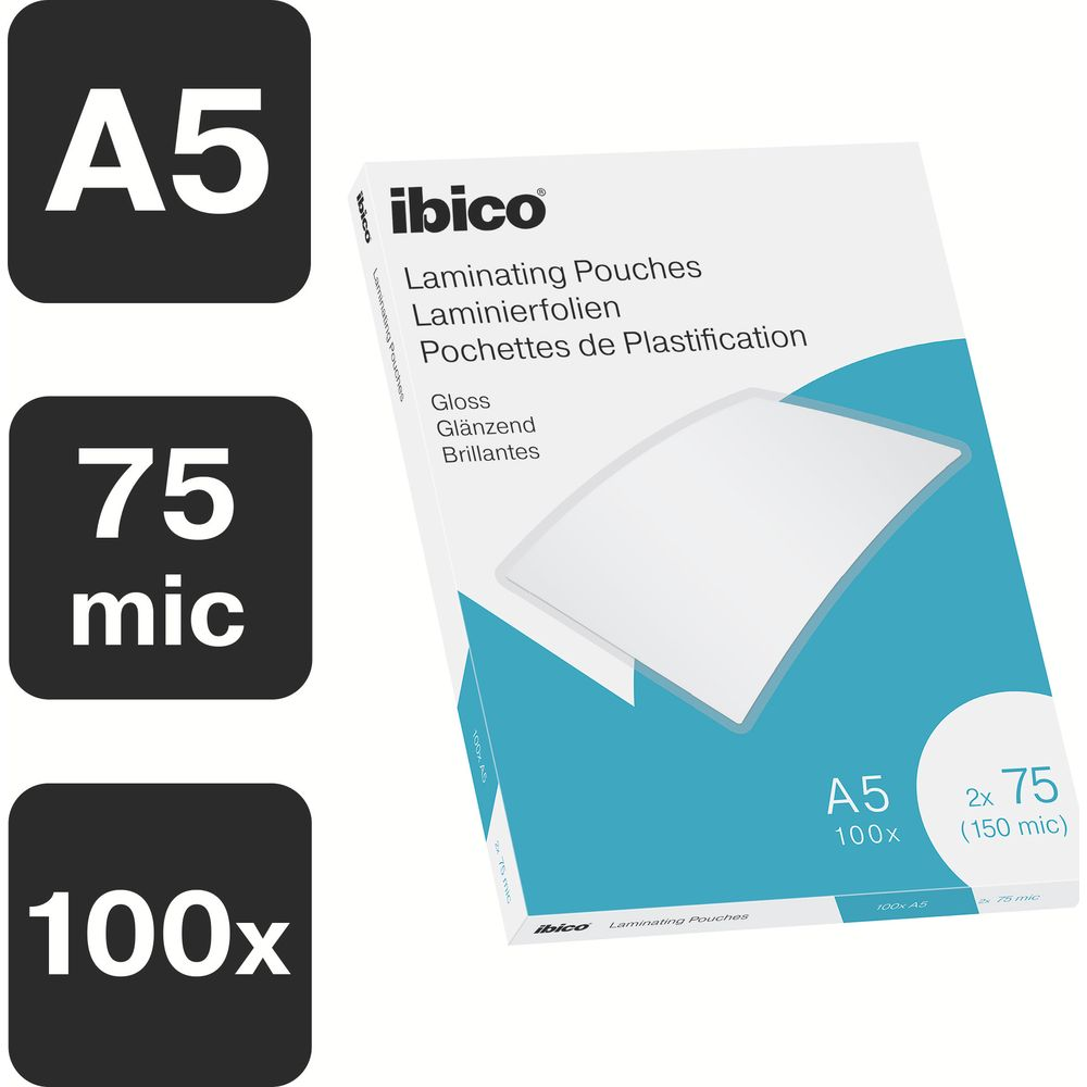 Confezione di fogli per plastificatrice Ibico A5, 100 pezzi, 75 micron.