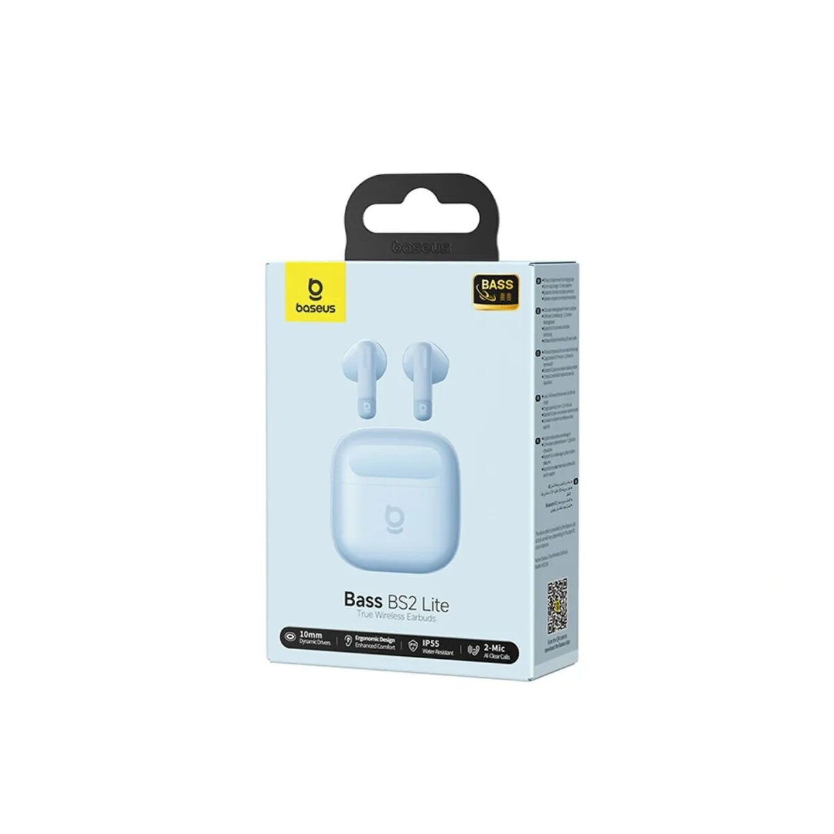 Verpackung für Baseus Bass BS2 Lite True Wireless Ohrhörer in Hellblau.