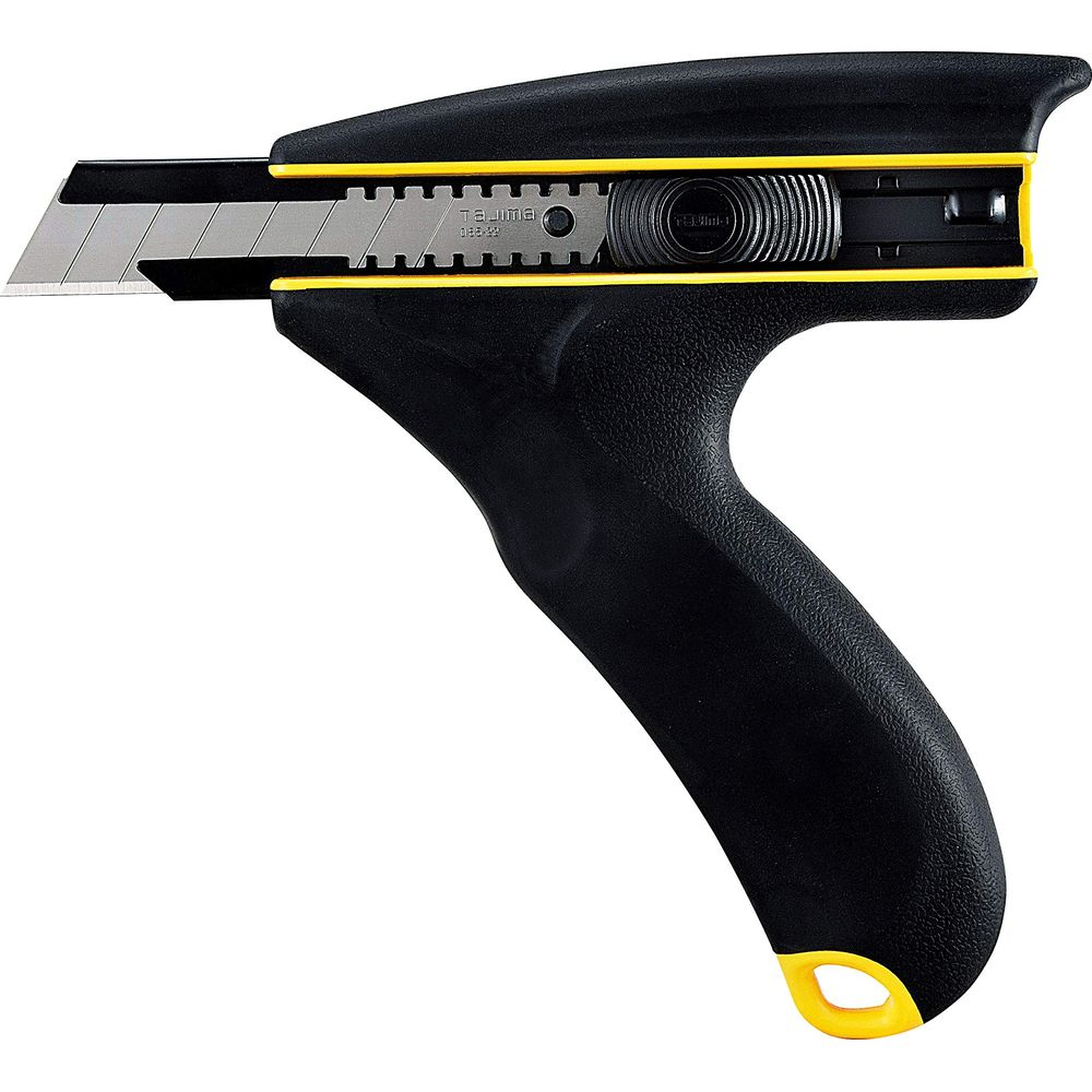 Ein schwarzes Cuttermesser mit gelben Akzenten und einer ausgefahrenen Klinge.