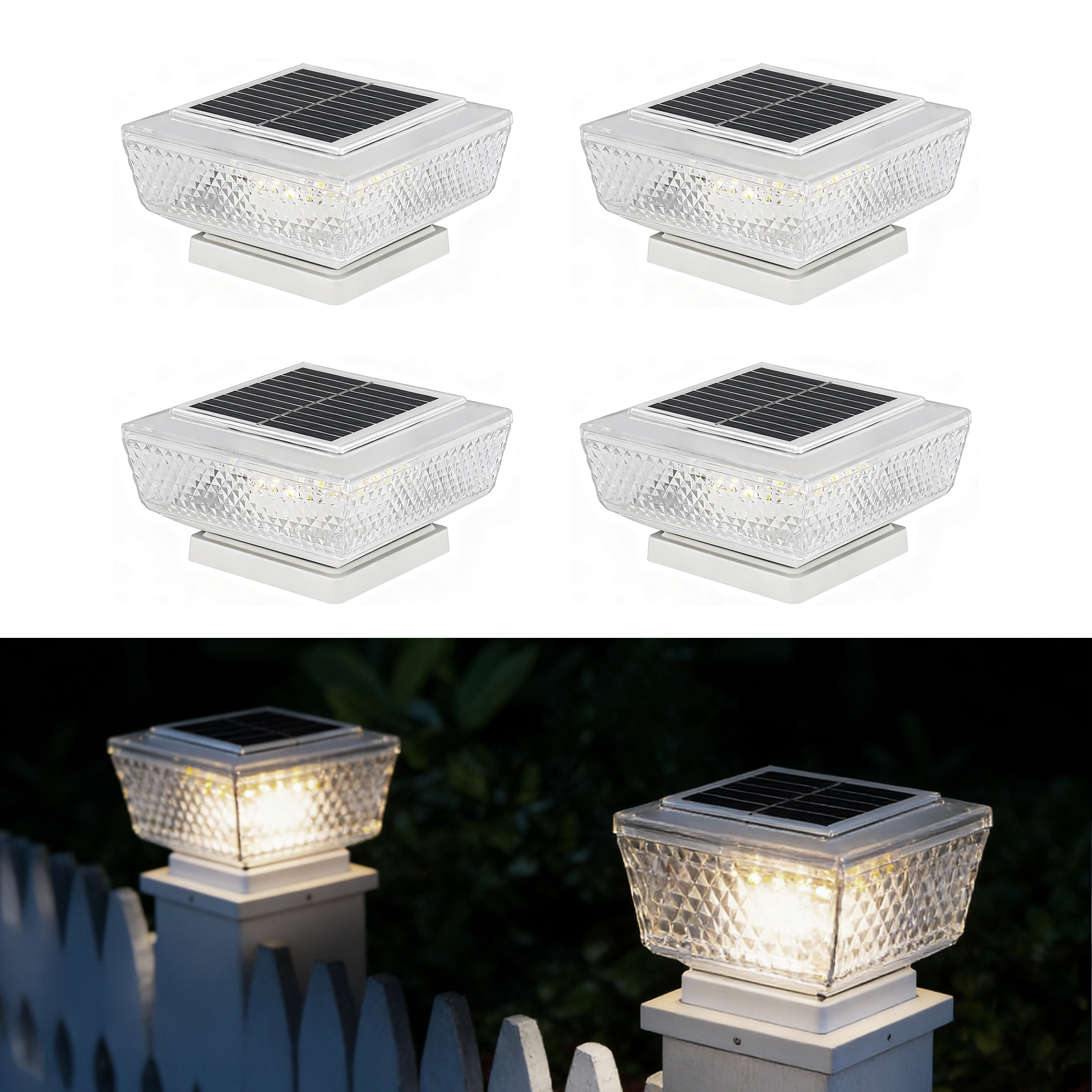 Cuatro luces solares blancas con pantallas transparentes de rombos sobre postes.