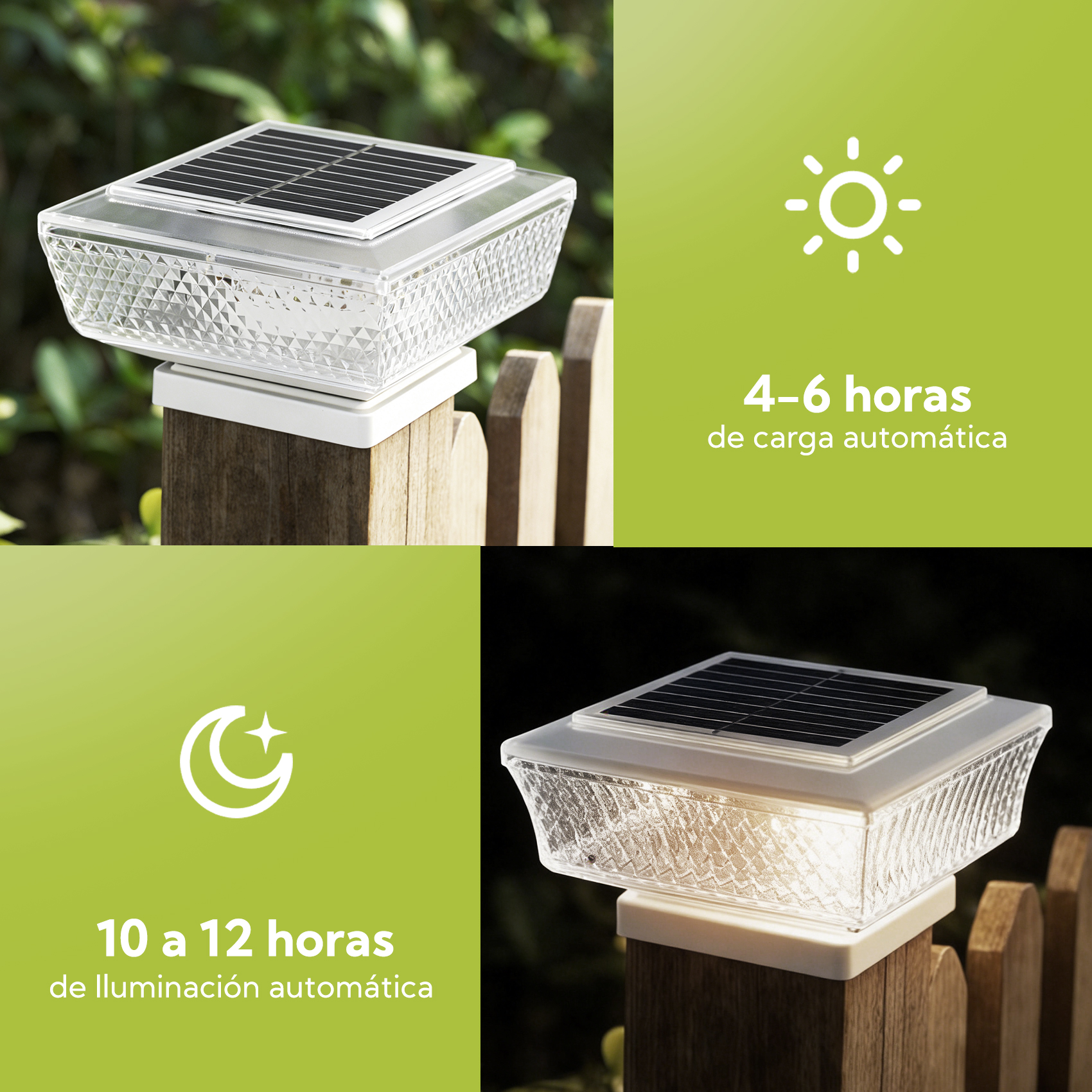 Luz solar en poste de madera, día y noche. Carga 4-6h, ilumina 10-12h. Diseño texturizado.