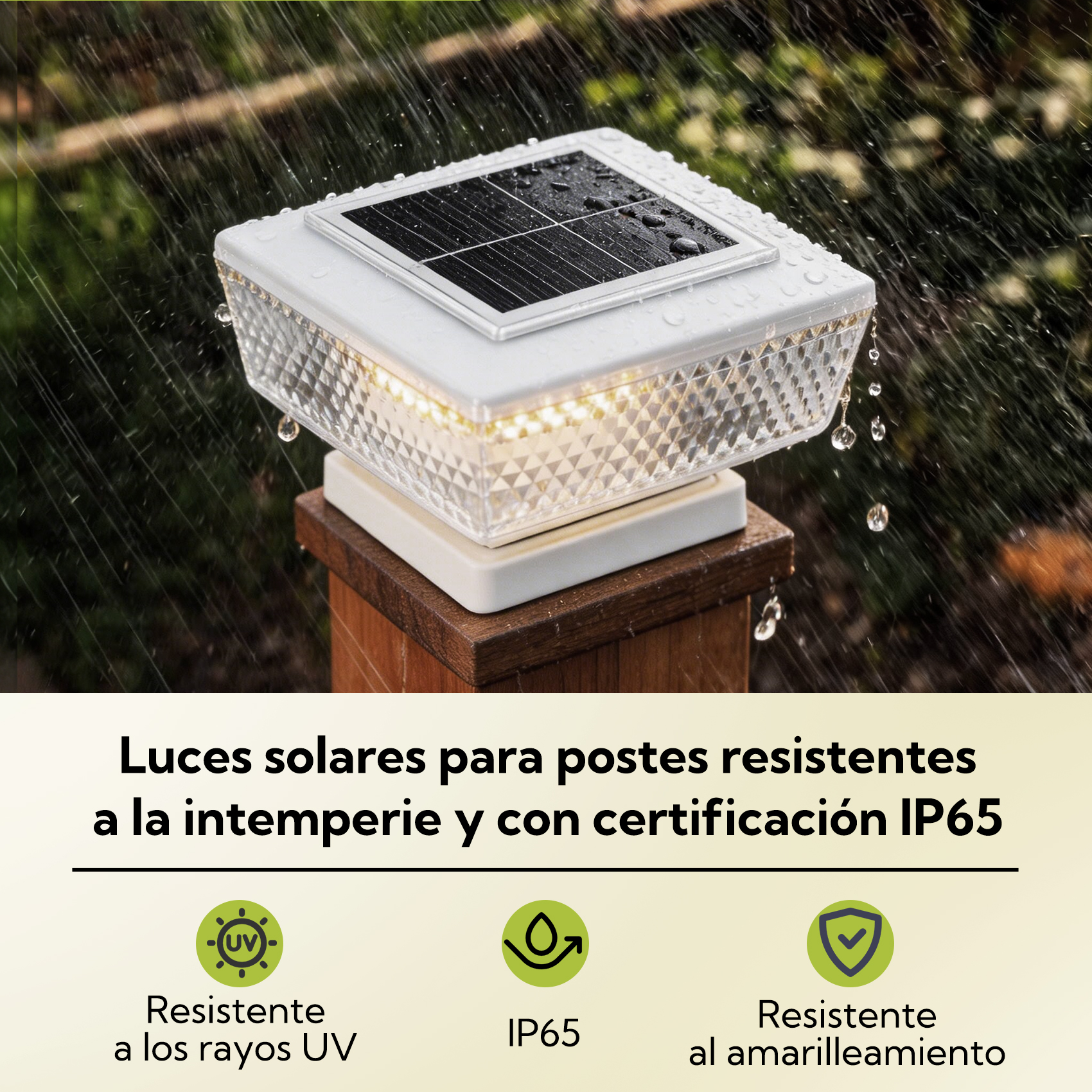 Luz solar blanca para poste con panel solar bajo la lluvia, IP65.