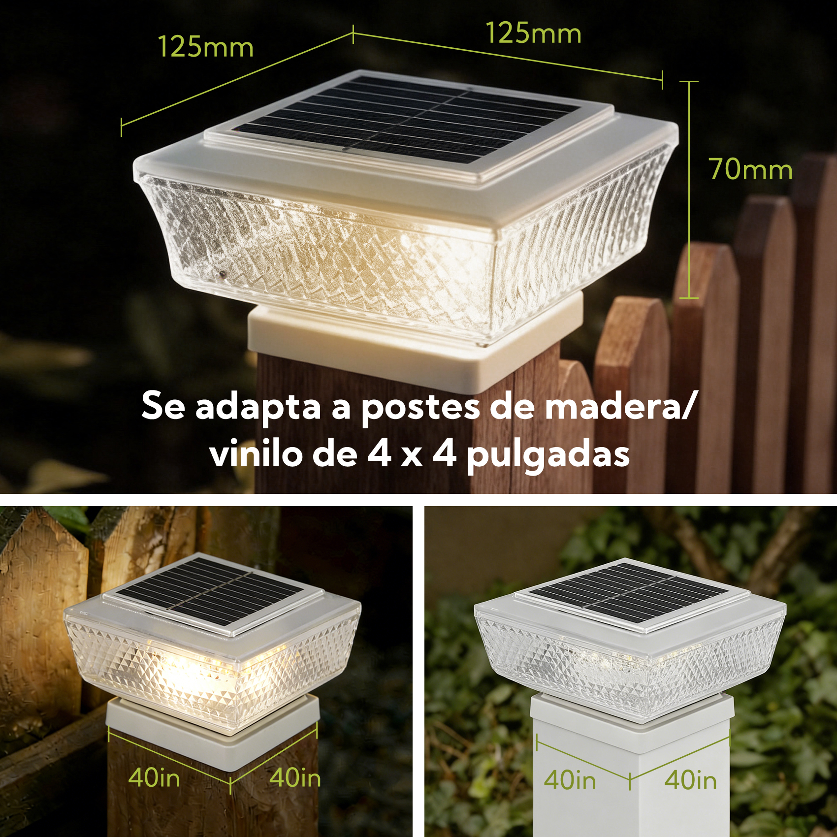 Tapa de poste solar, 125x125x70mm, se adapta a postes de 4x4 pulgadas.