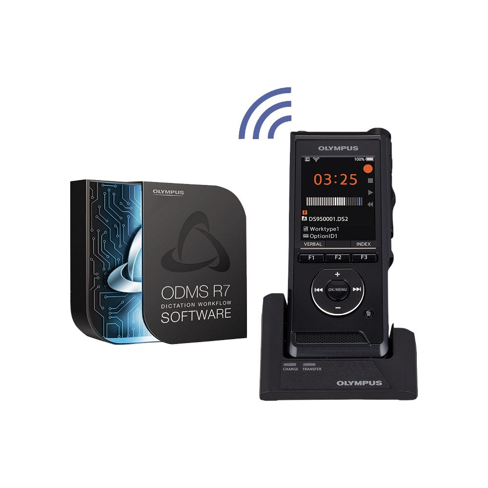 Olympus ODMS R7 Software-Box und DS-9500 Diktiergerät auf Ladestation.