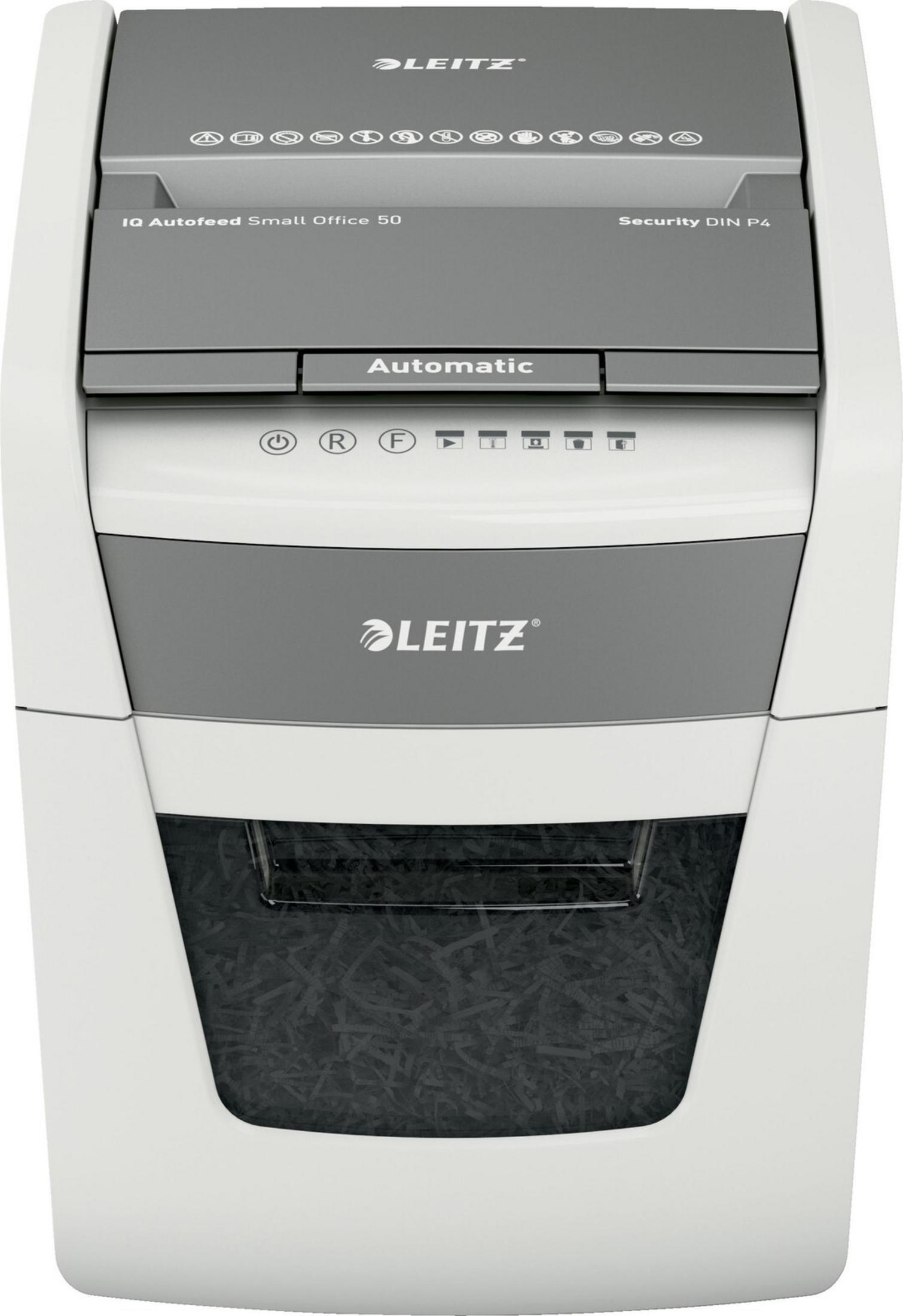 Une déchiqueteuse Leitz blanche avec des accents gris et une corbeille pleine de papier déchiqueté.