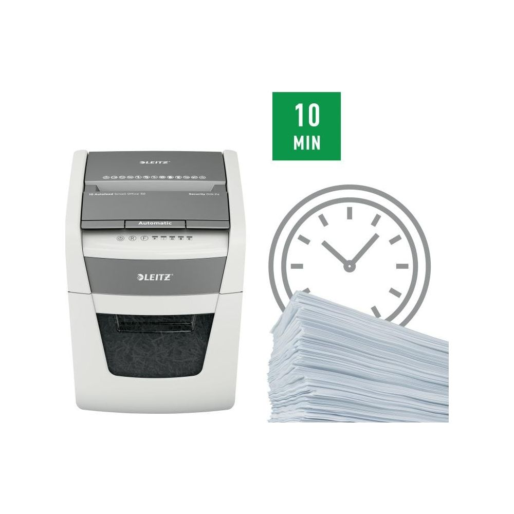 Une destructrice, une pile de papier et une horloge indiquant 10 min.