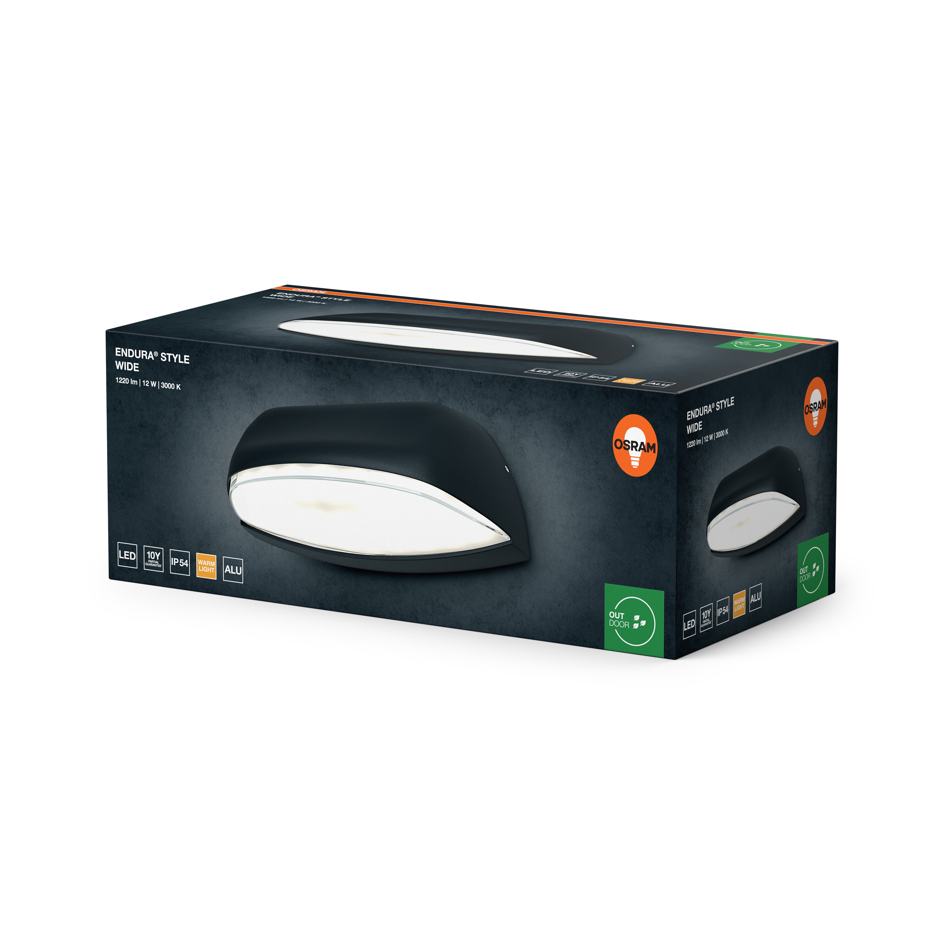Verpackung für OSRAM ENDURA STYLE WIDE Lampe, mit Produktbild und Spezifikationen.