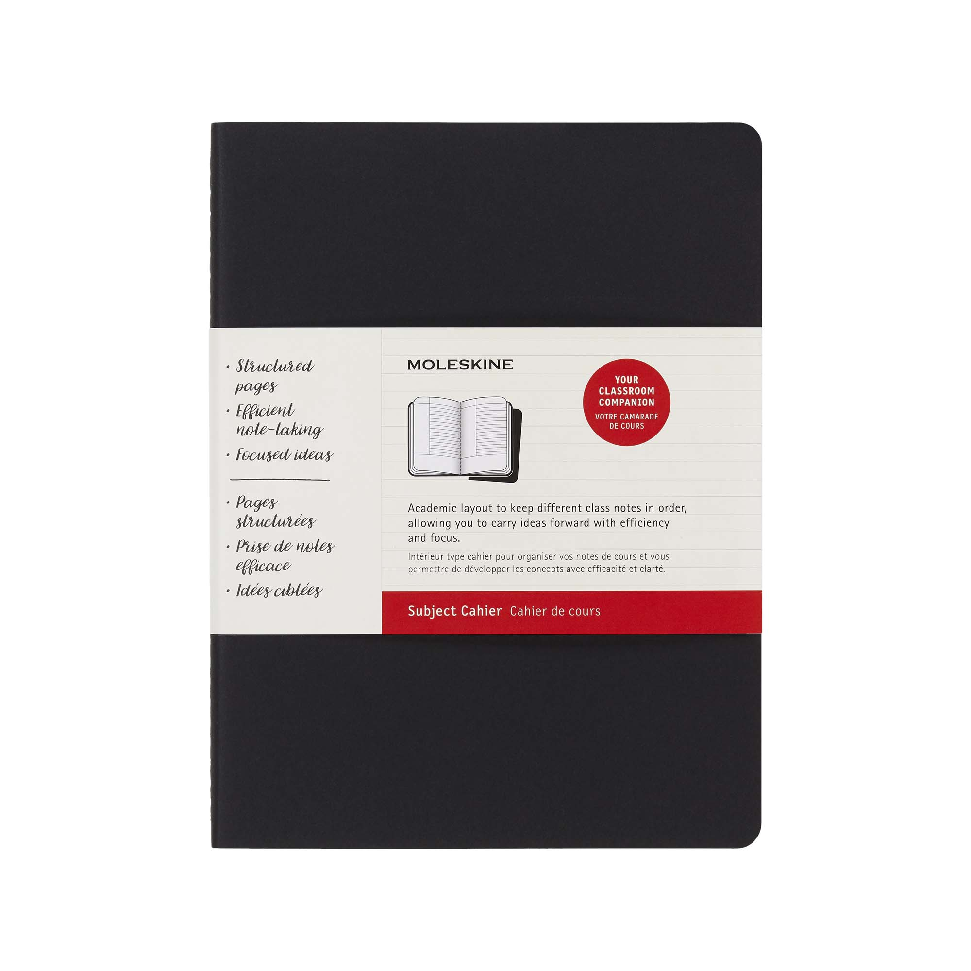 Schwarzes Moleskine Notizbuch mit Beschriftung und geöffnetem Buch-Symbol.
