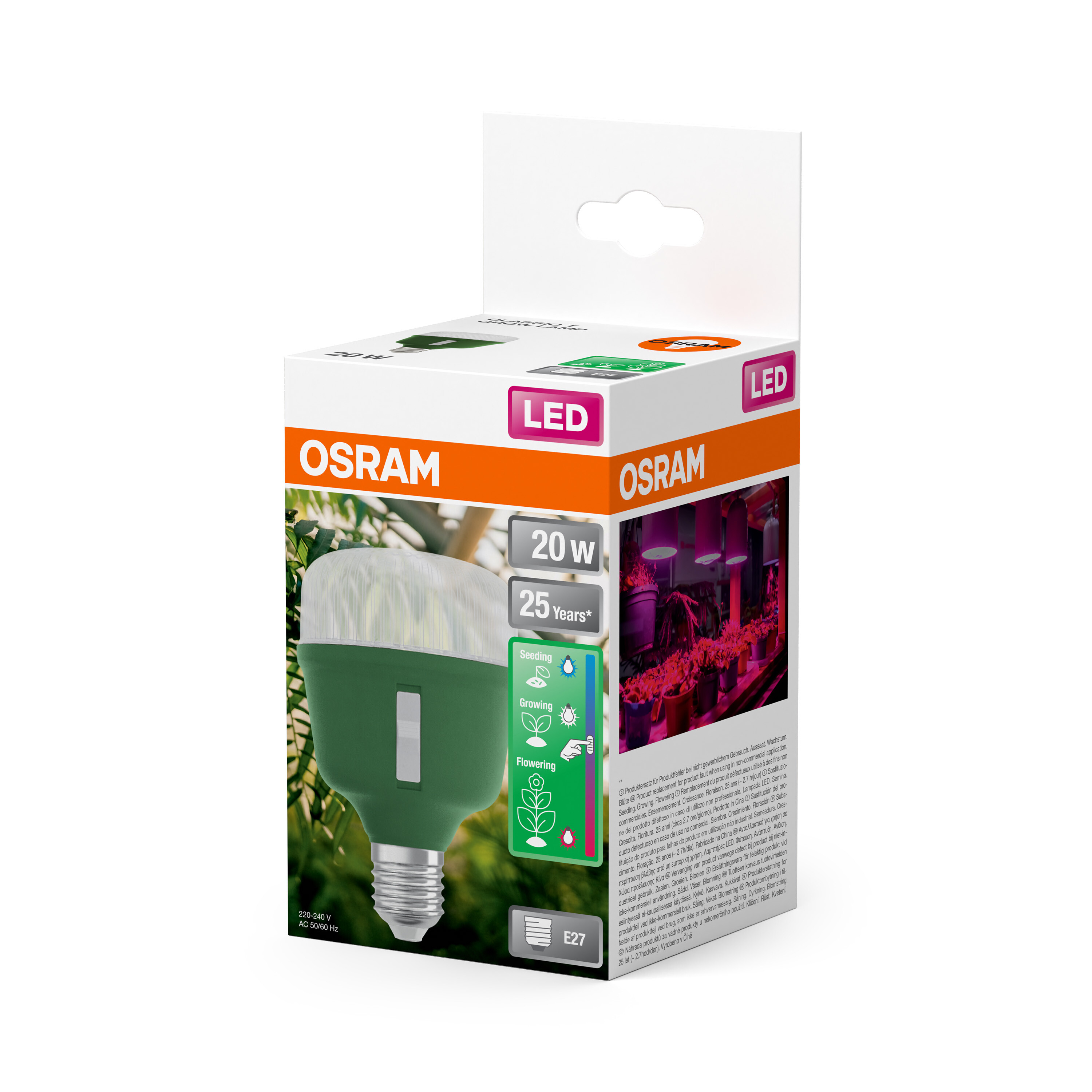 Osram LED Grow Lampenbox mit E27-Sockel, 20W, 25 Jahre Garantie.