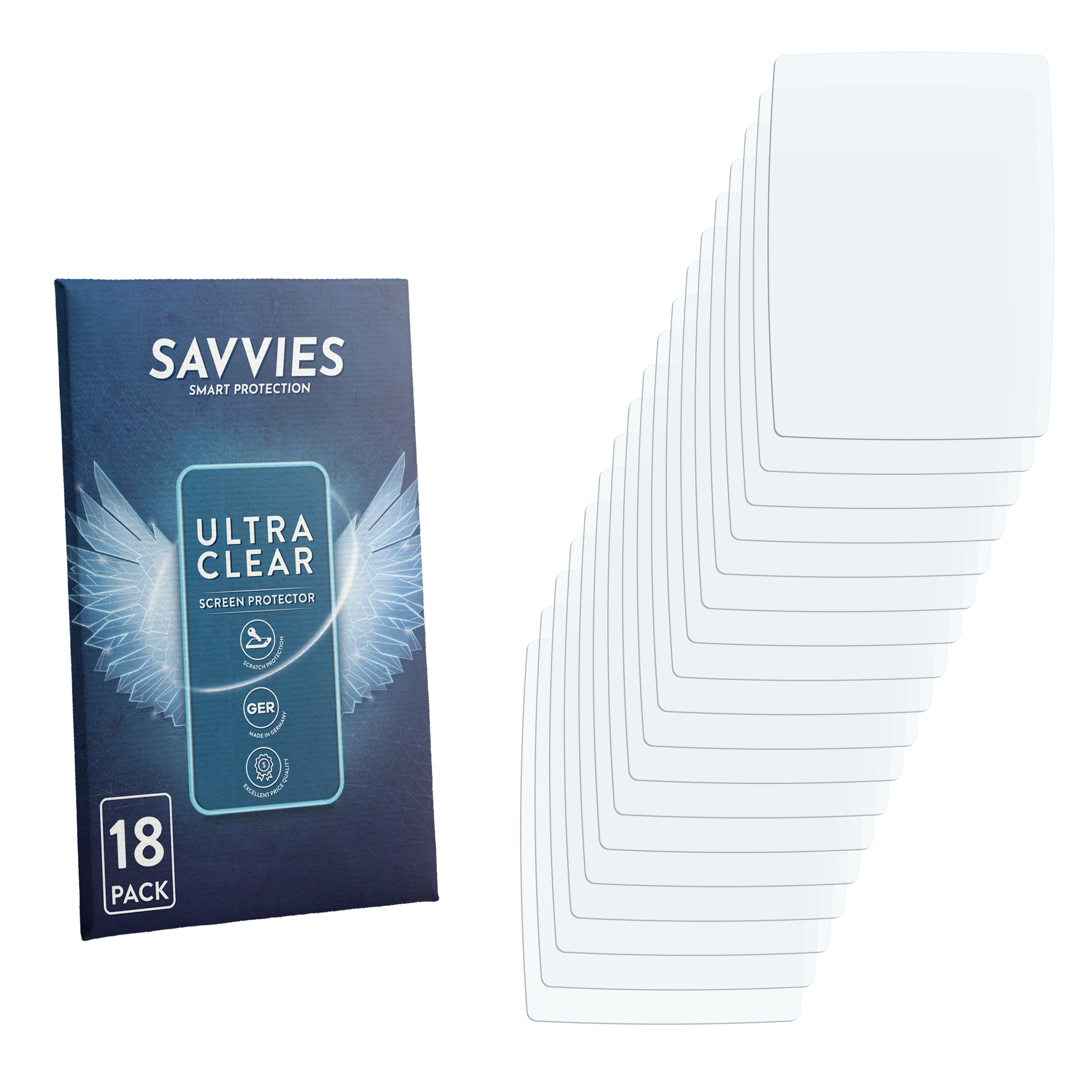 Eine Packung mit 18 Displayschutzfolien und einer Schachtel mit Savvies-Logo.