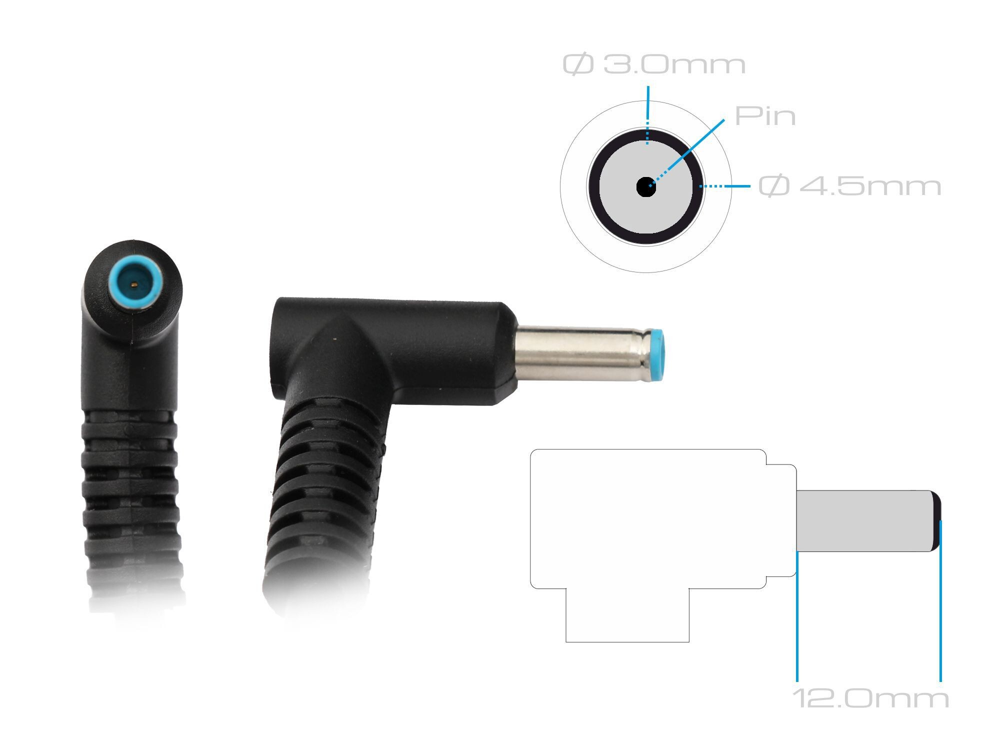 Ein schwarzer DC-Netzteilstecker mit blauer Spitze, gezeigt mit technischen Diagrammen.