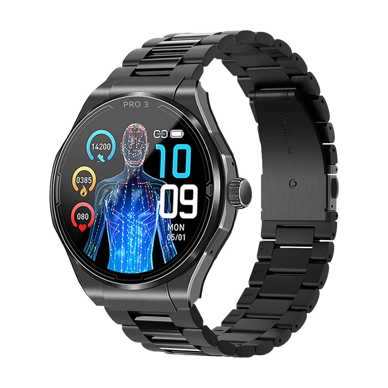 Uno smartwatch nero con display rotondo che mostra figura umana, ora e data.
