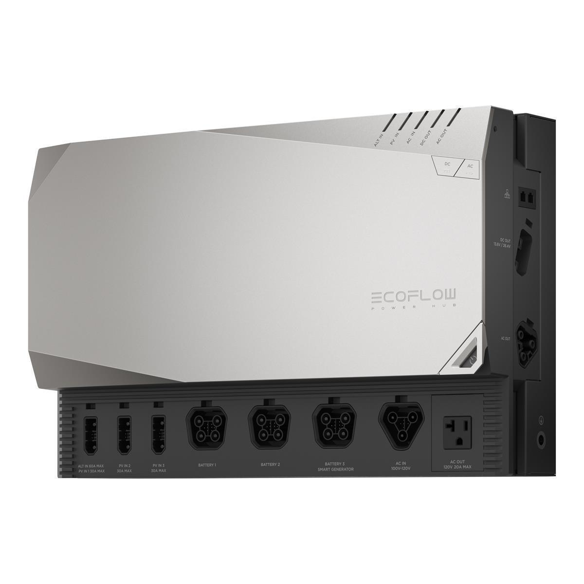 Silberner EcoFlow Power Hub mit mehreren Anschlüssen für PV, Batterie, AC und DC.