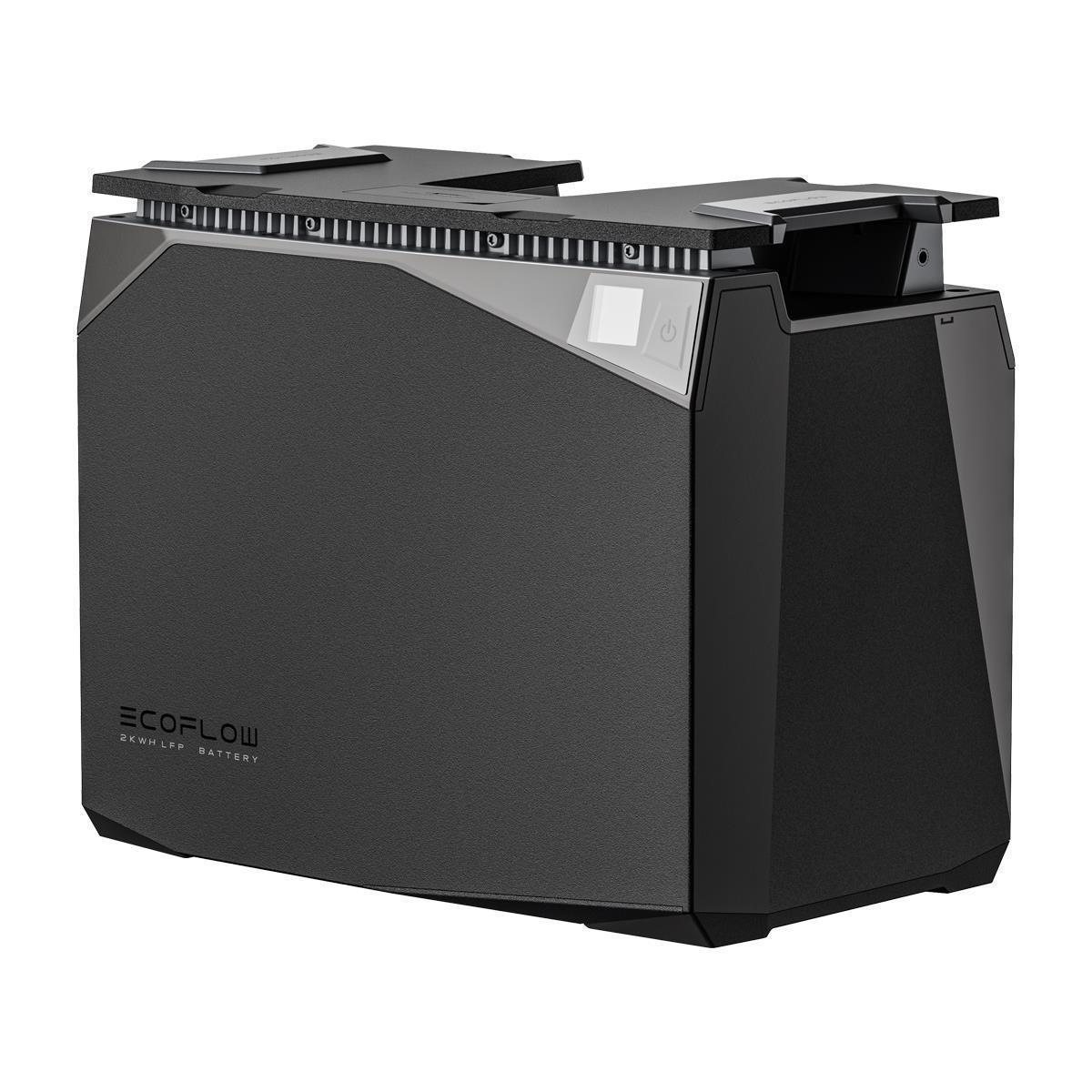 Schwarzer tragbarer ECOFLOW 2KWH LFP Akku mit Ladeanzeige und Netzschalter.
