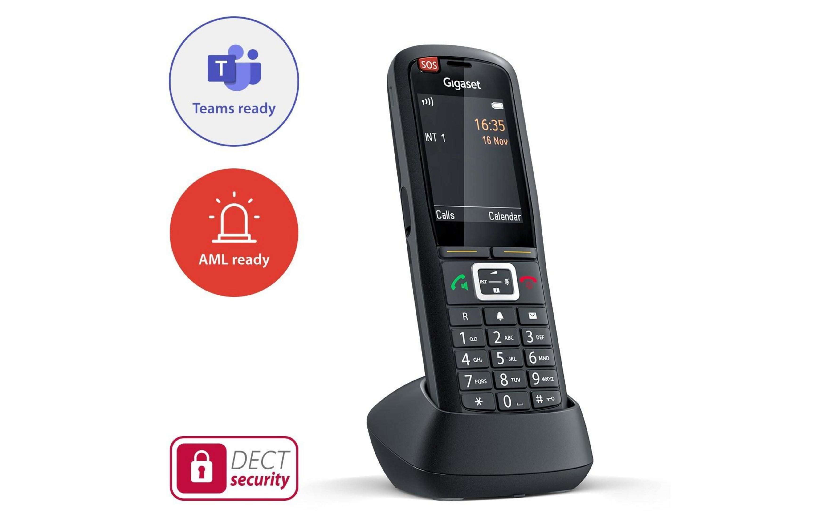 Ein schwarzes Gigaset-Telefon mit Ladeschale, Teams- und AML-Bereitschaftssymbolen.