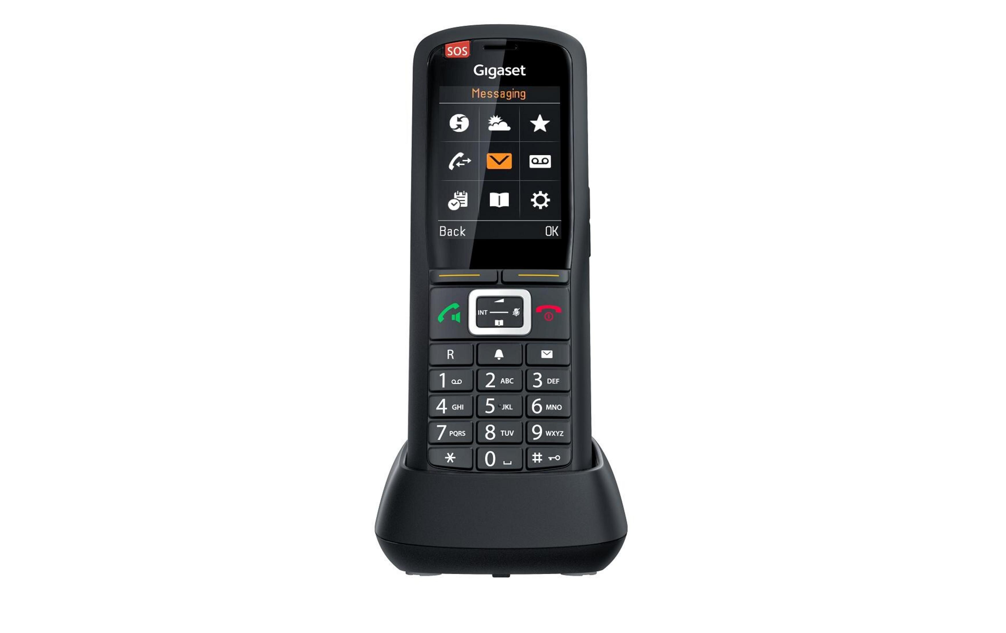 Ein schwarzes Gigaset Schnurlostelefon mit Tastatur und Display auf einer Ladestation.