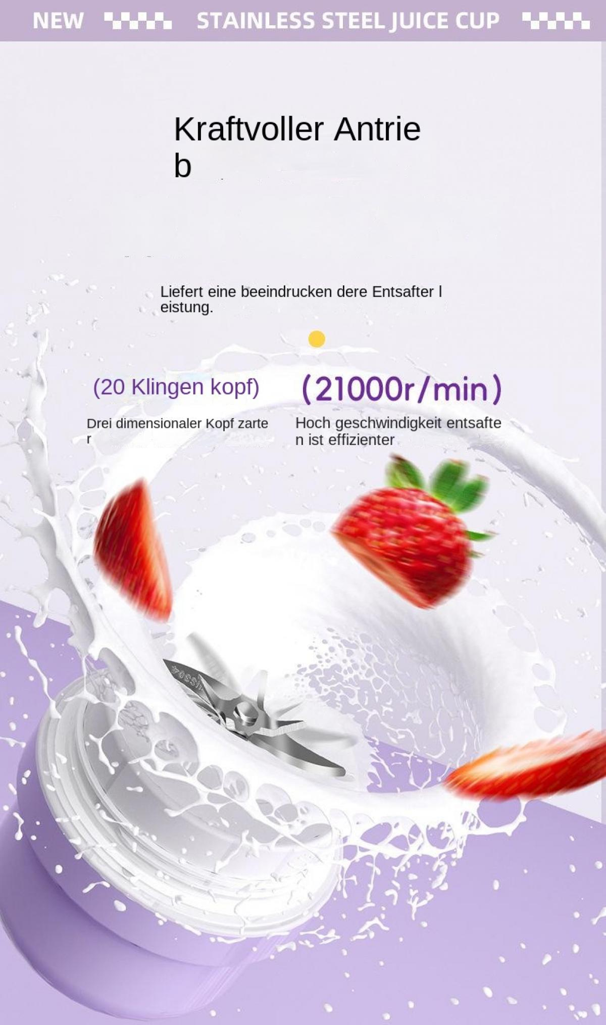 Ein lila Mixer mit Klingen, der Erdbeeren und Milch mixt. Kraftvoller Antrieb.