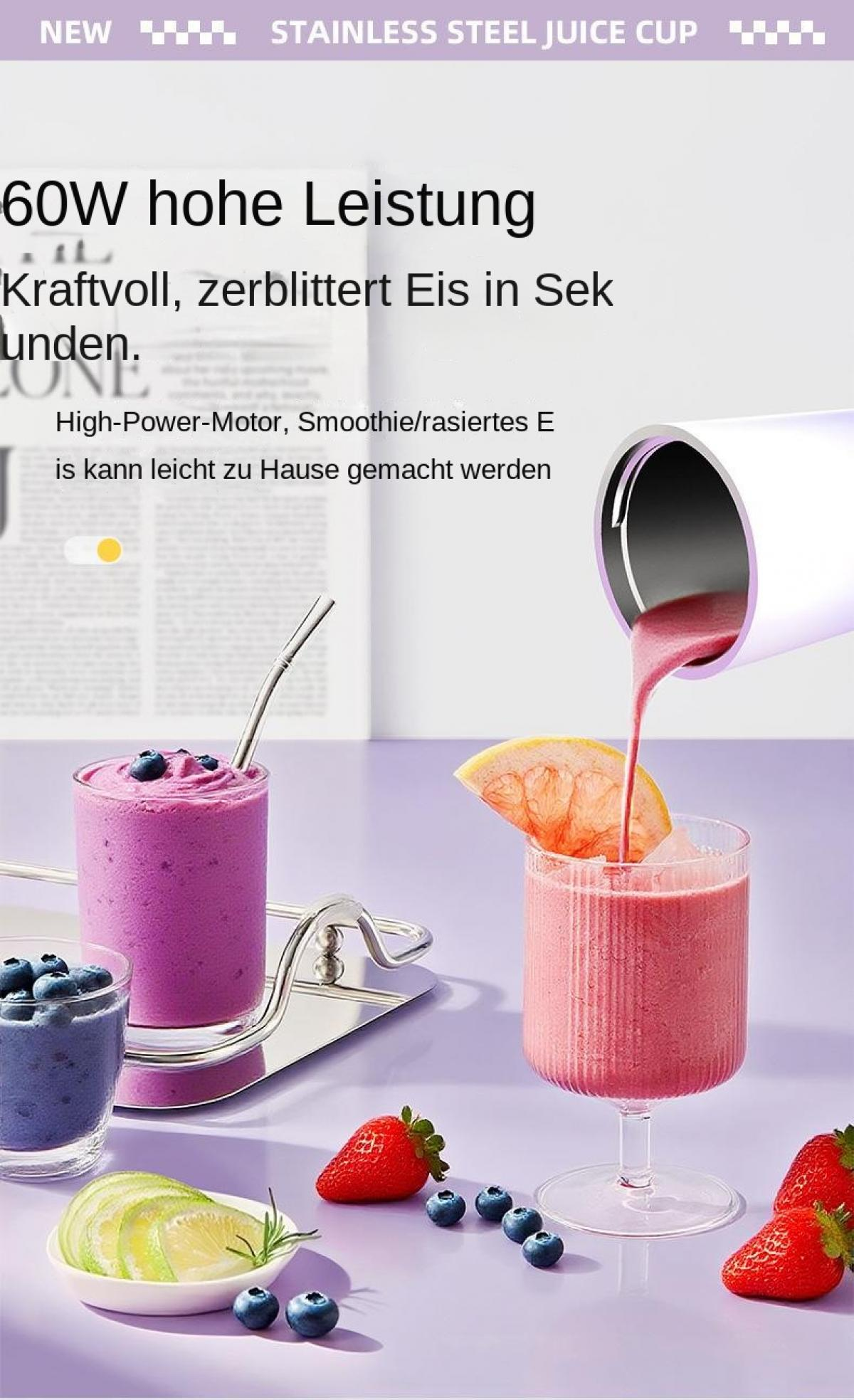 Lila und rosa Smoothies mit Früchten, die von einem Mixer ausgegossen werden.