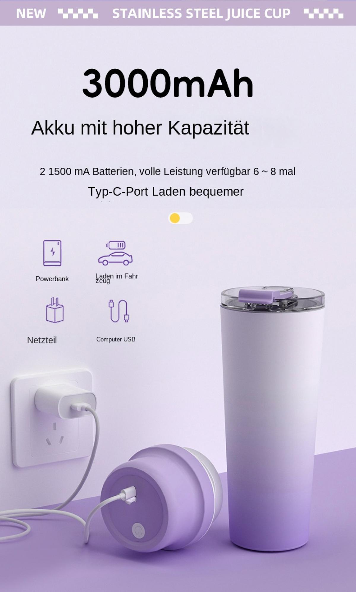 Lila und weiße Tasse mit Typ-C-Ladefunktionen und Zubehör.