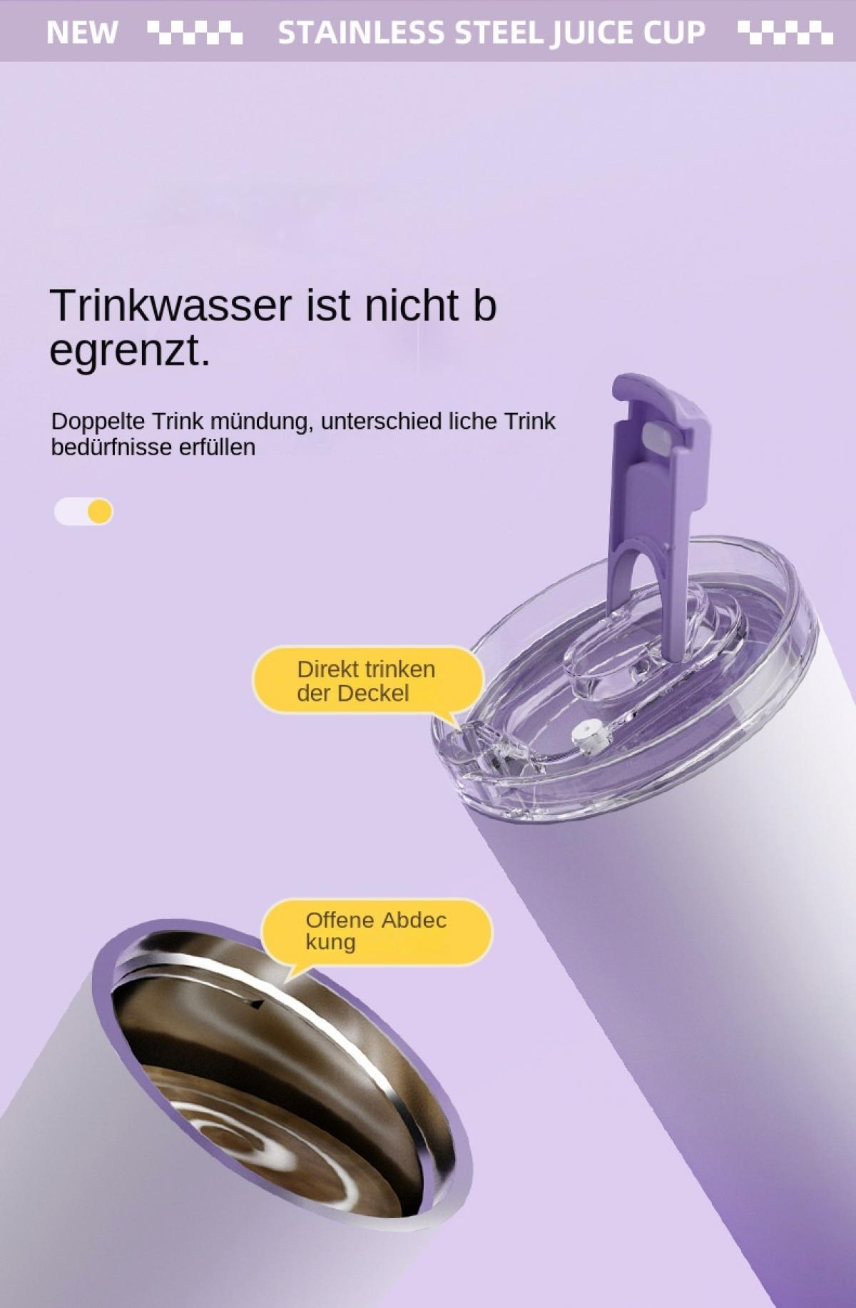 Edelstahlbecher mit offenem und geschlossenem Deckel, lila Akzente.