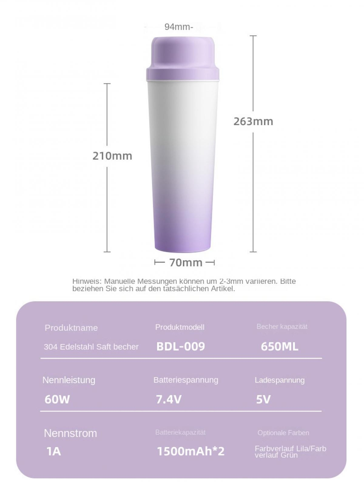 Lila-weißer Becher mit Maßen 263x94mm, 210mm Höhe, 70mm Breite.