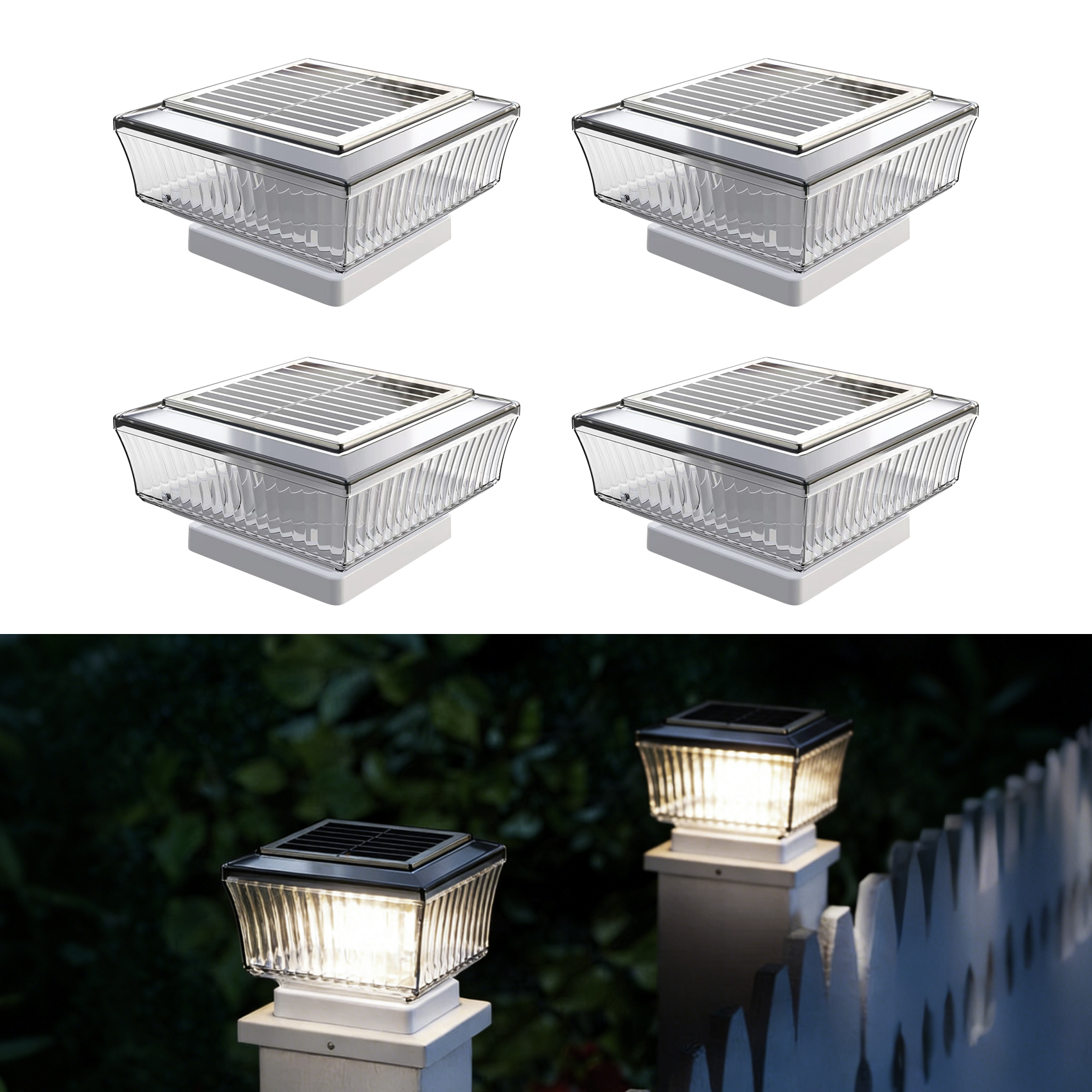 Cuatro tapas solares blancas para postes con vidrio transparente y acanalado y paneles solares negros.