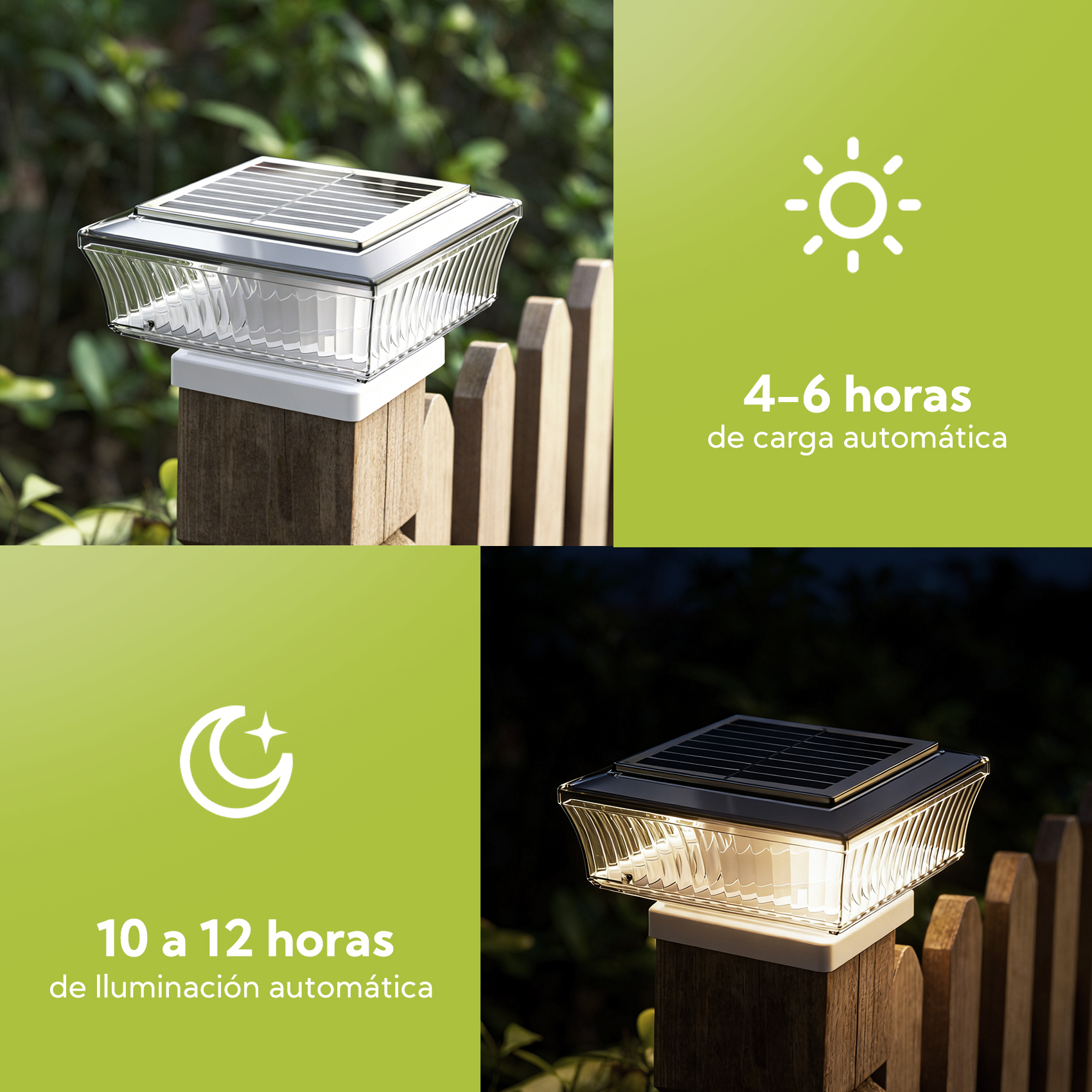 Luz solar en poste de madera, de día y de noche.