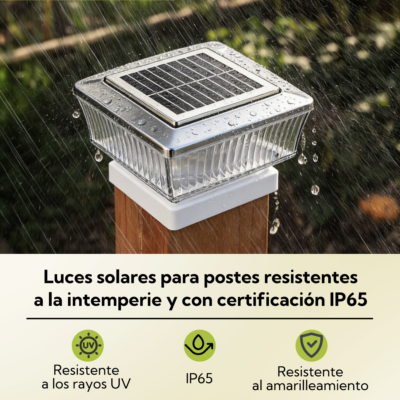 Una luz solar para poste bajo la lluvia, con panel solar y cubierta de cristal.