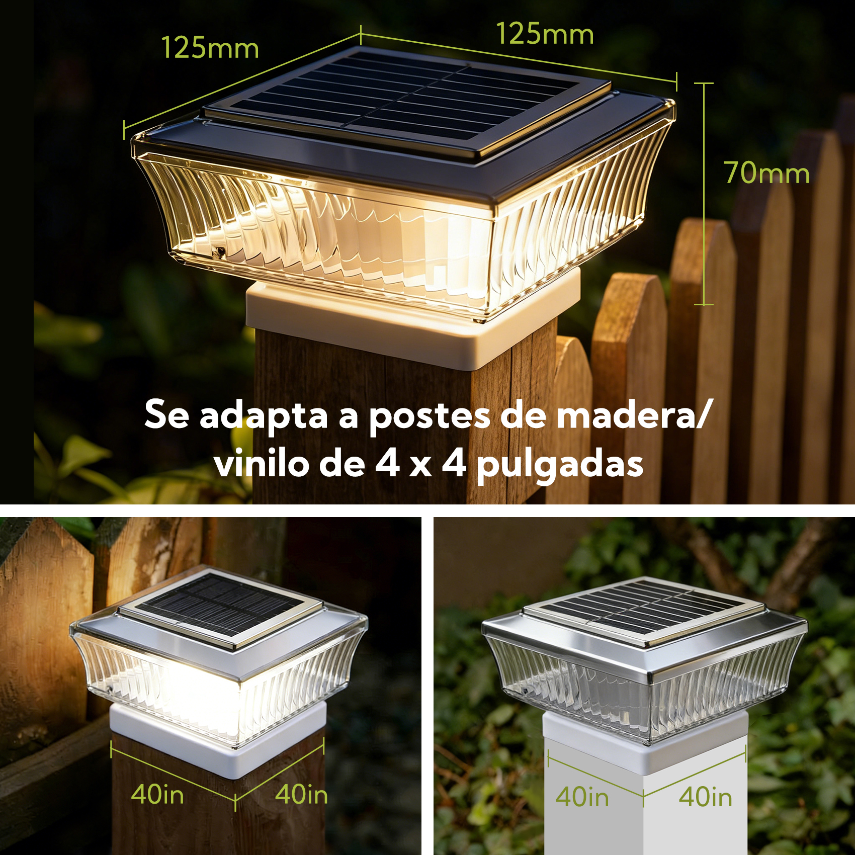 Tapa solar para poste, 125x125x70mm, se adapta a postes de 4x4 pulgadas.