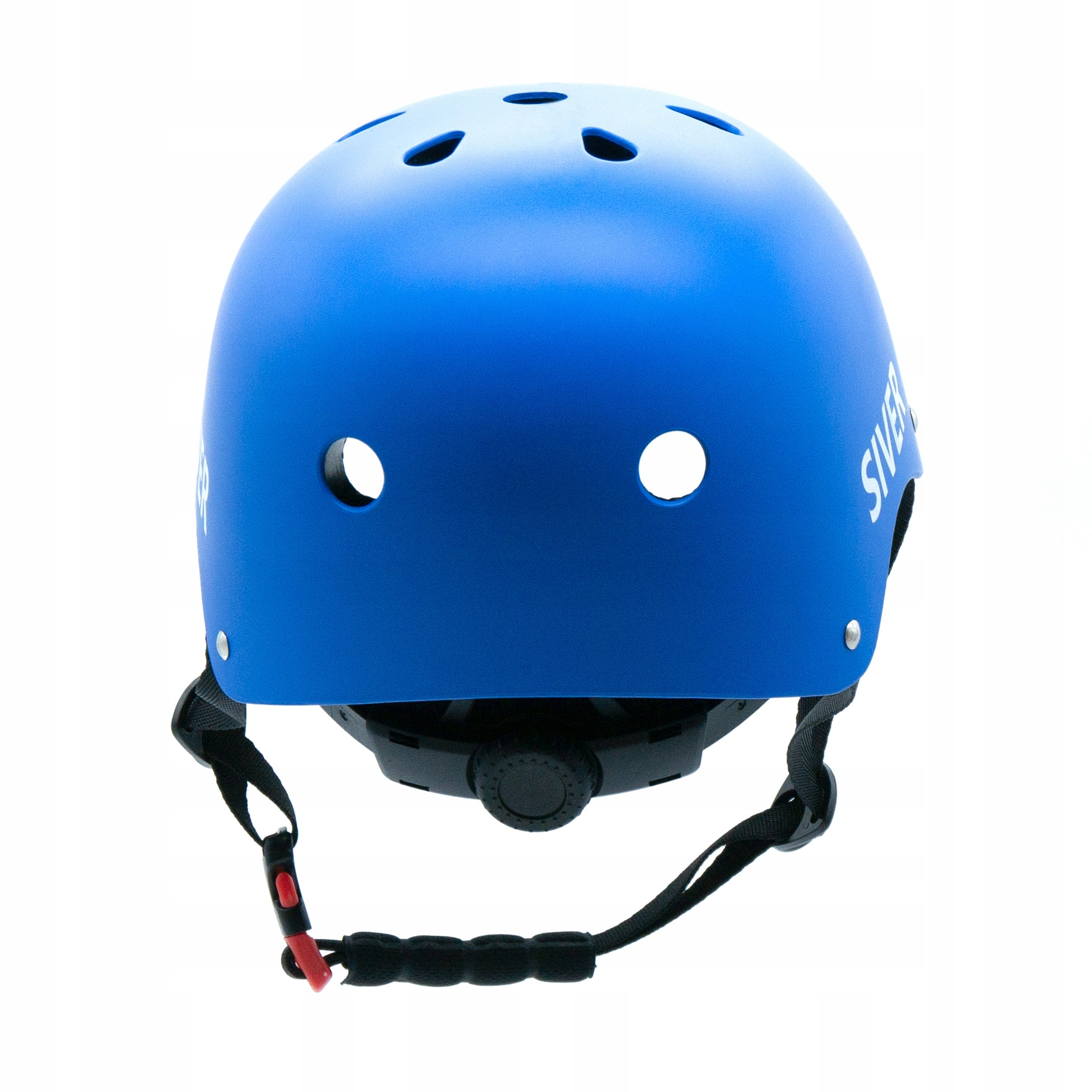 Un casco blu con fori di ventilazione e rotella di regolazione, con fibbie anteriori.