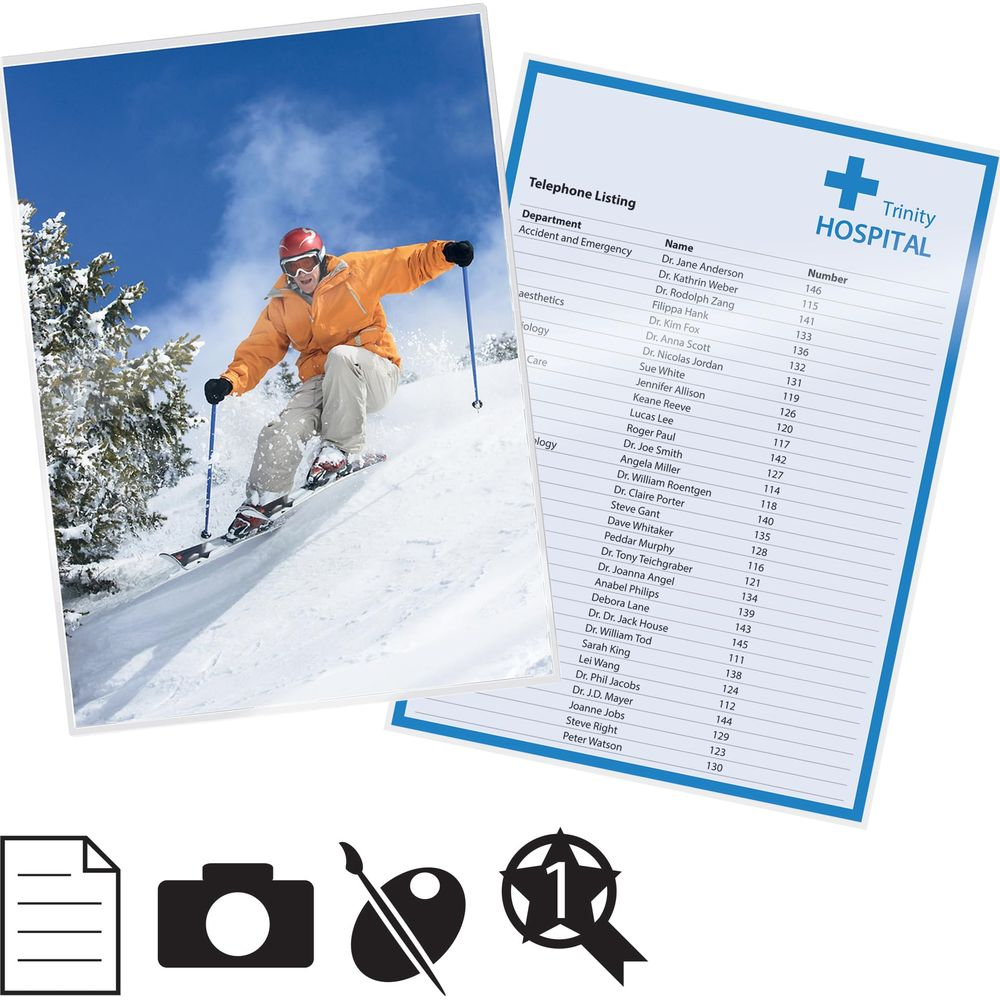 Ein Skifahrer fährt auf einer verschneiten Piste, daneben eine Telefonliste eines Krankenhauses.