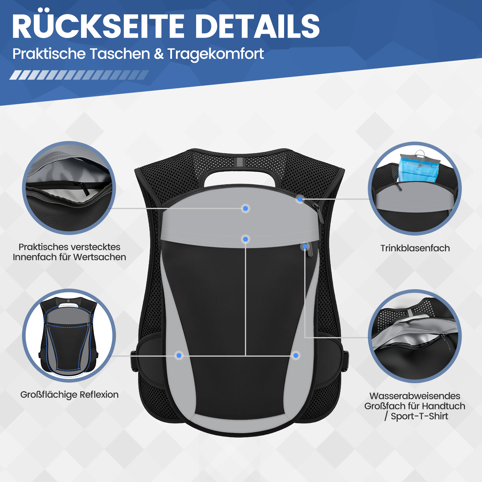 Rückseite eines schwarzen Rucksacks mit Details wie verstecktem Fach, Trinkblasenfach.